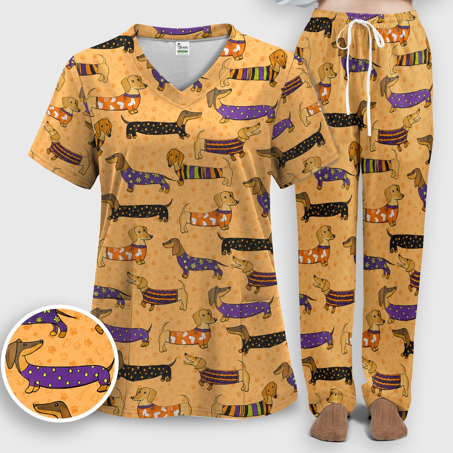 Dachshund with Dog Lover Paw Print Scrub Set, Scrub Pants and V Neck Top