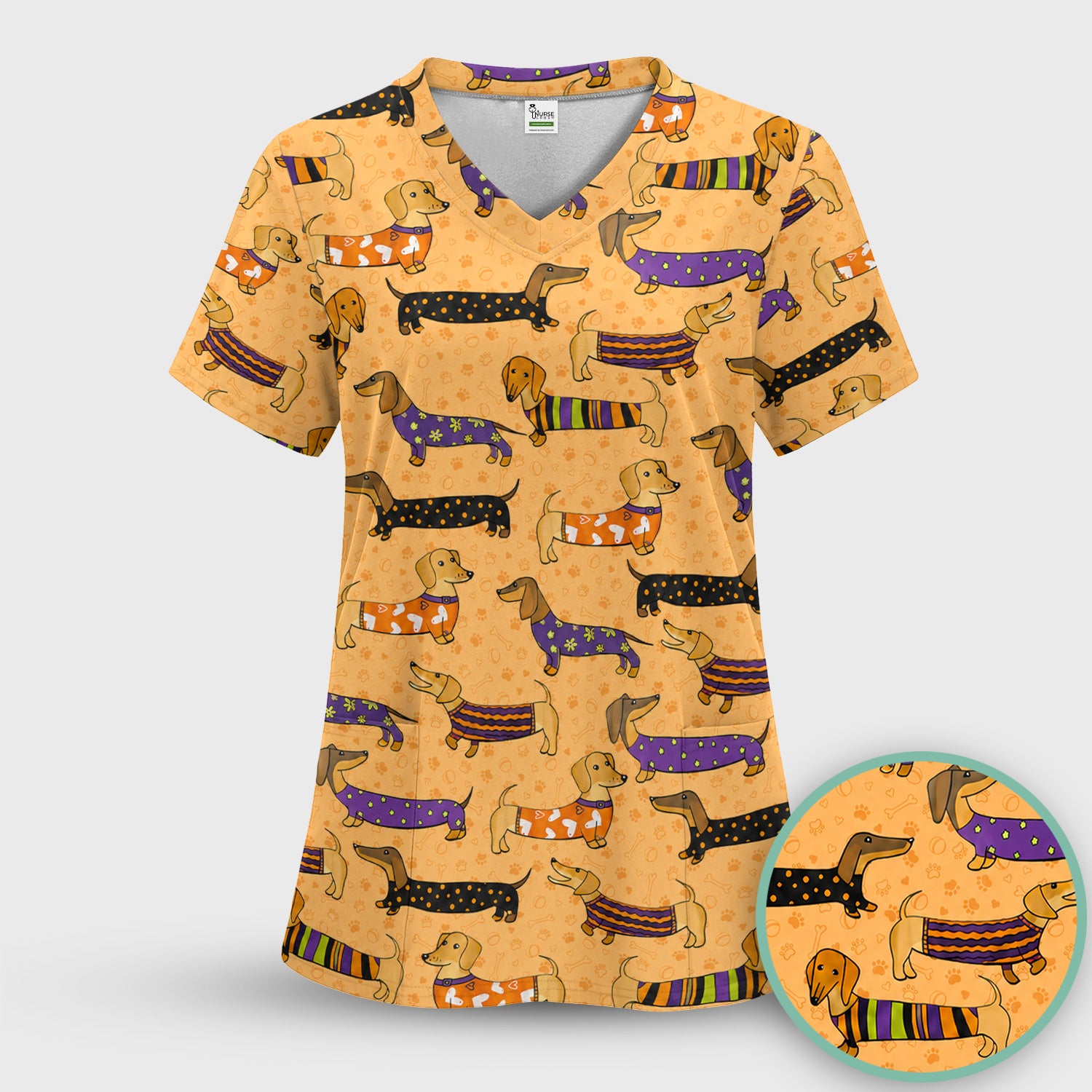 Dachshund with Dog Lover Paw Print Scrub Set, Scrub Pants and V Neck Top