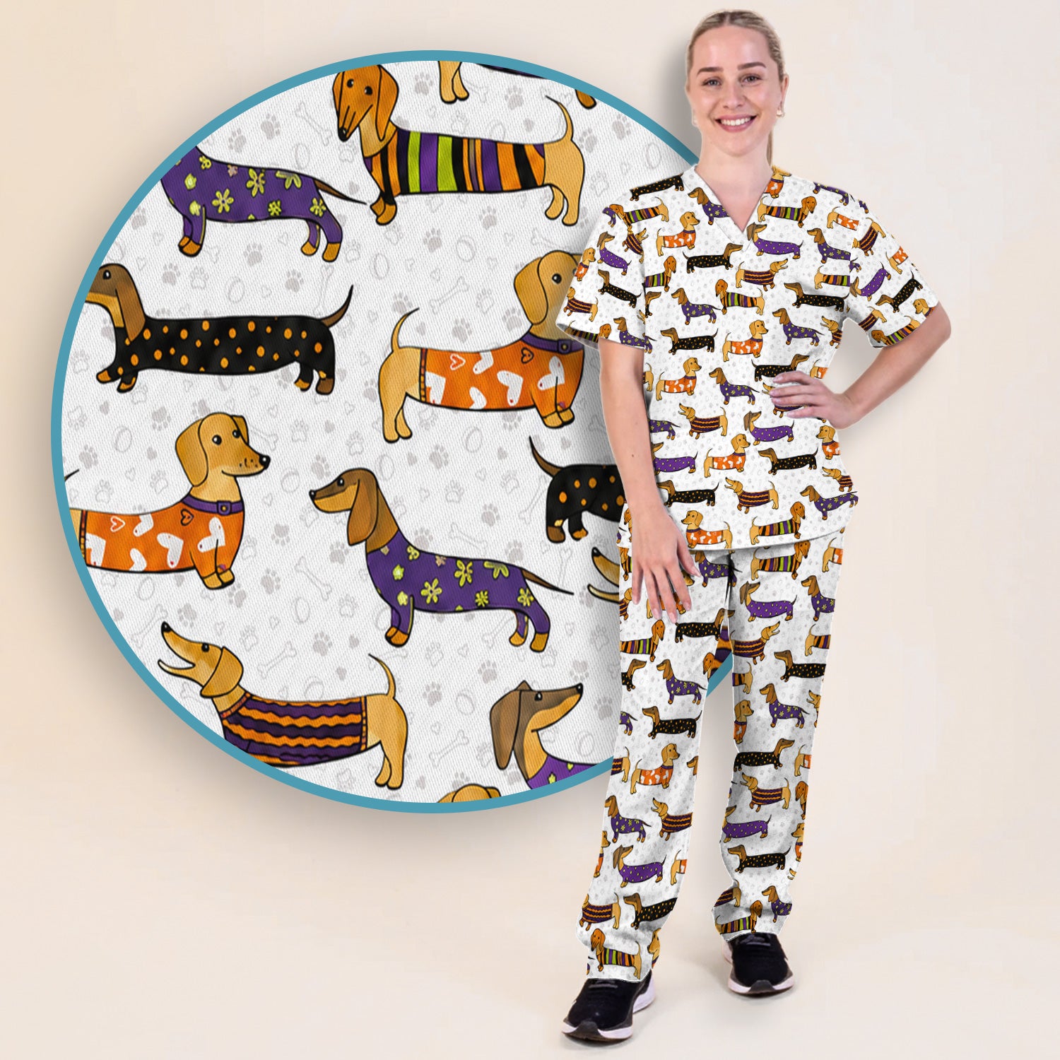 Dachshund with Dog Lover Paw Print Scrub Set, Scrub Pants and V Neck Top
