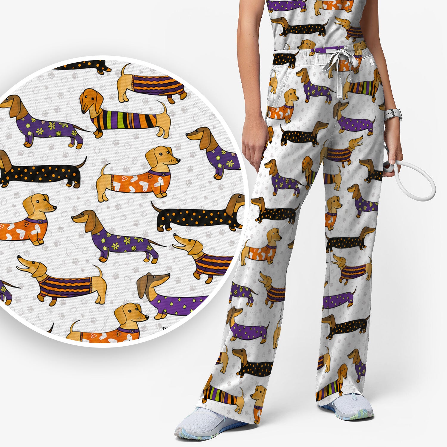 Dachshund with Dog Lover Paw Print Scrub Set, Scrub Pants and V Neck Top