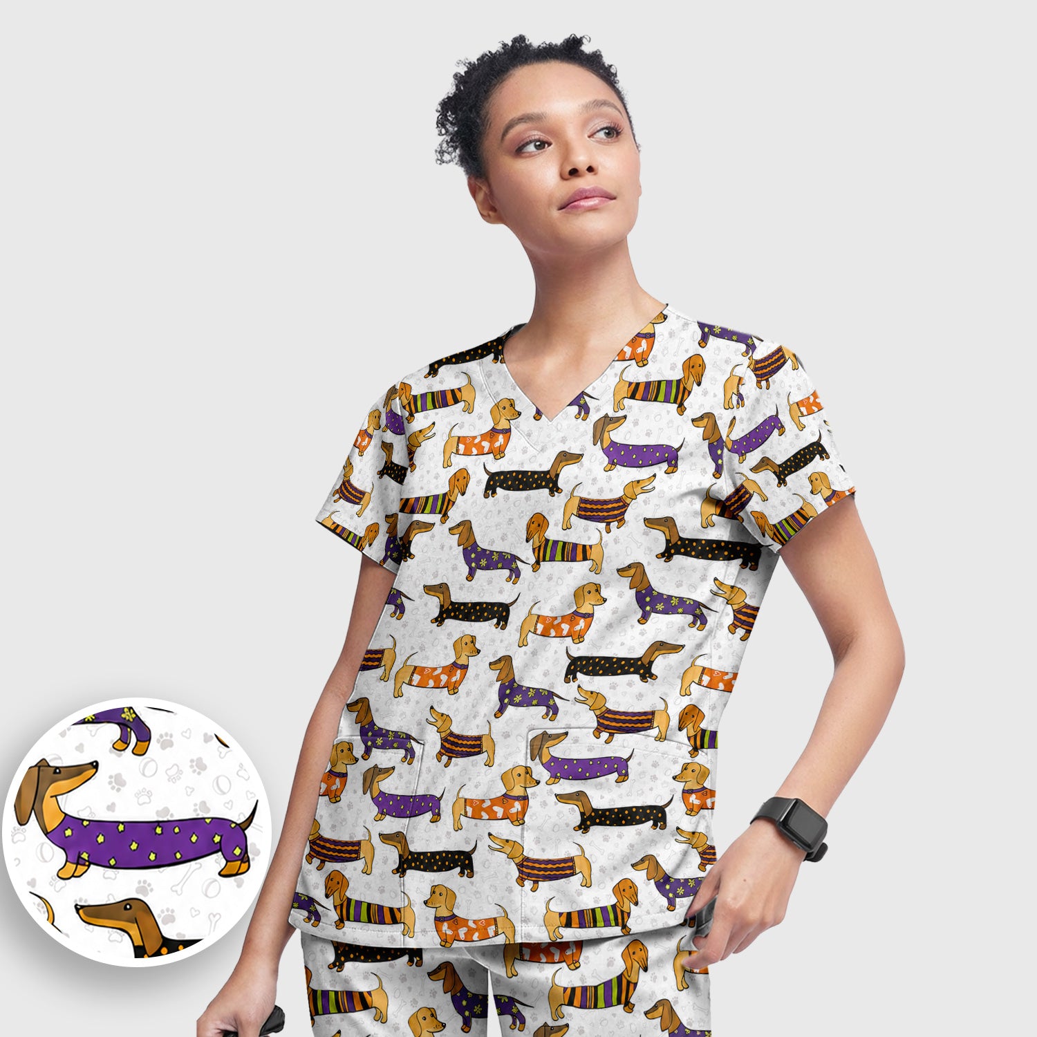 Dachshund with Dog Lover Paw Print Scrub Set, Scrub Pants and V Neck Top