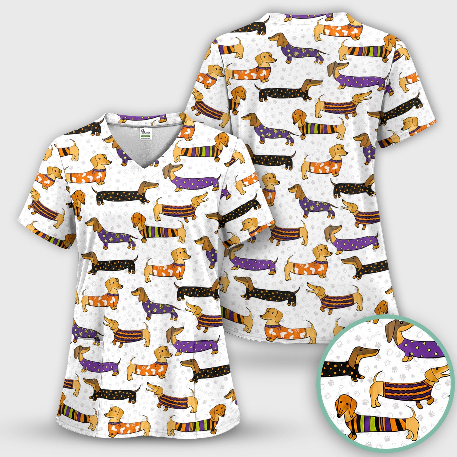 Dachshund with Dog Lover Paw Print Scrub Set, Scrub Pants and V Neck Top