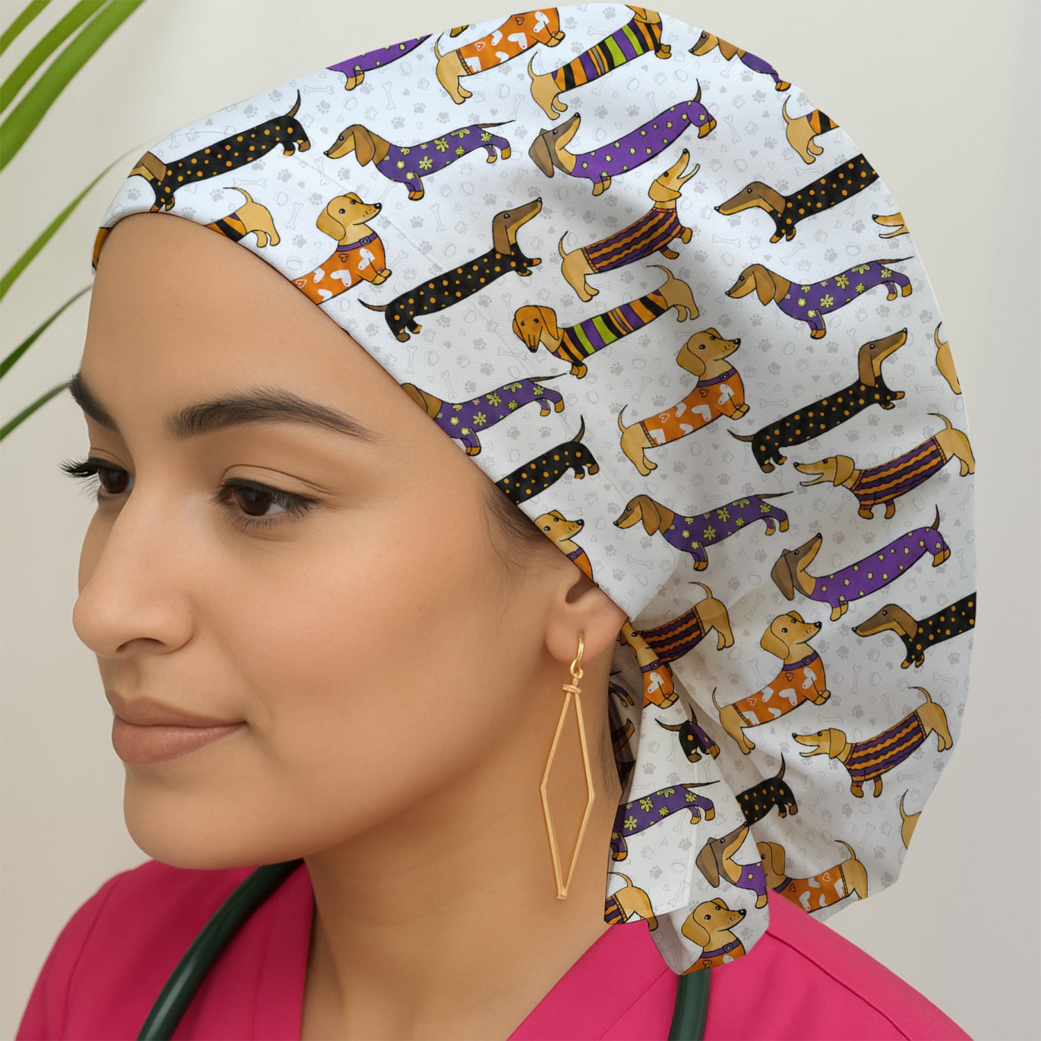 Dachshund with Dog Lover Paw Print Scrub Cap, Surgical Caps for Doctors