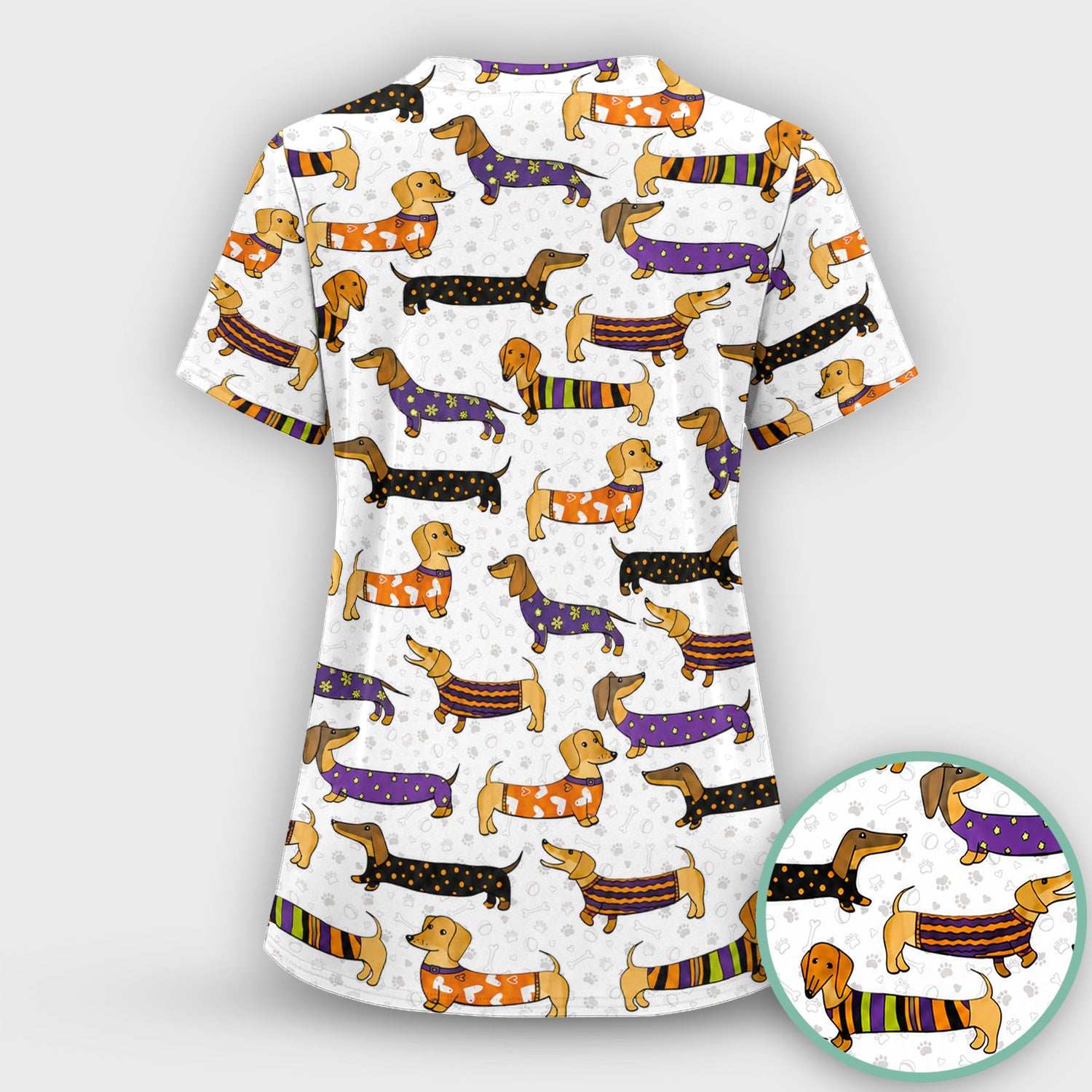 Dachshund with Dog Lover Paw Print Scrub Set, Scrub Pants and V Neck Top