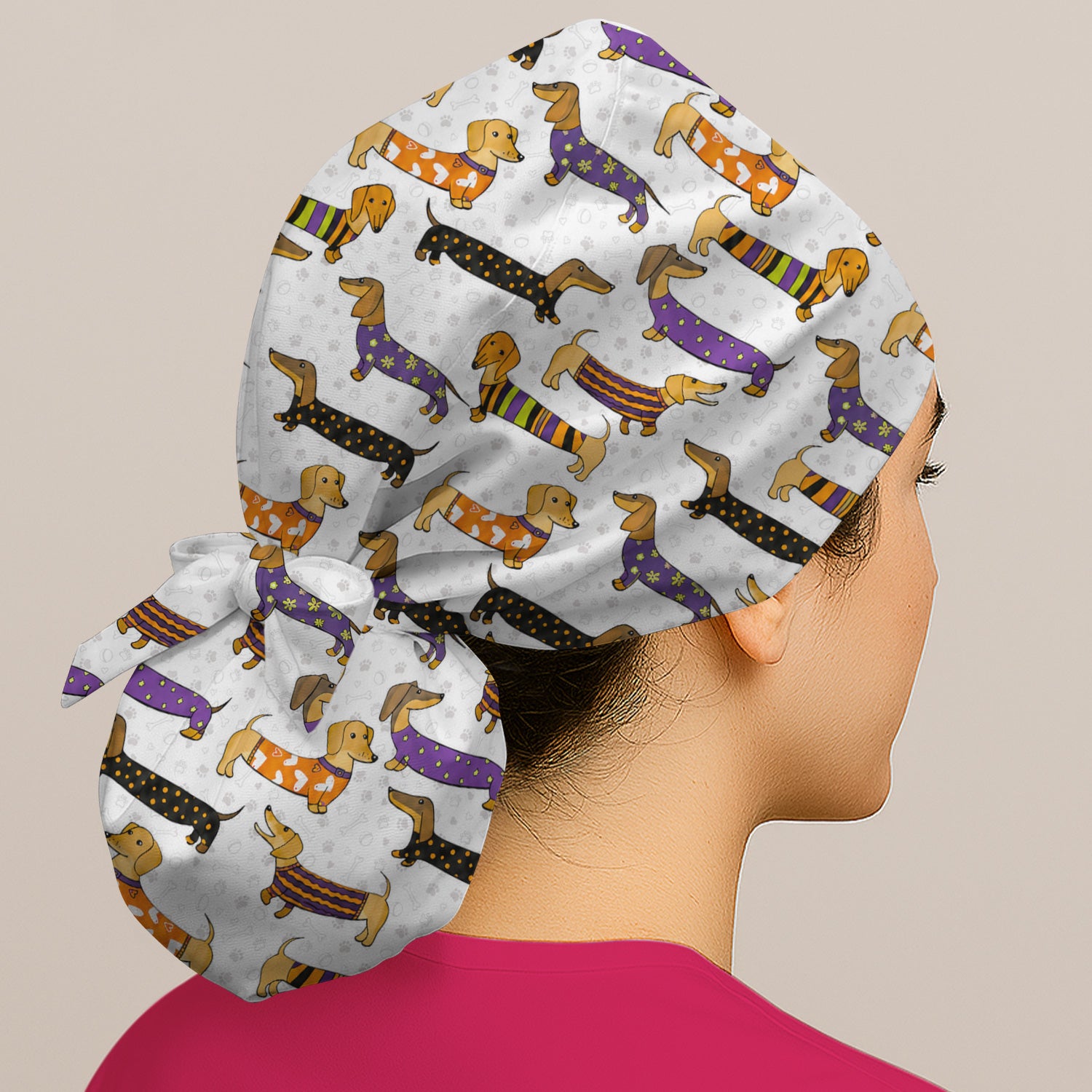 Dachshund with Dog Lover Paw Print Scrub Cap, Surgical Caps for Doctors