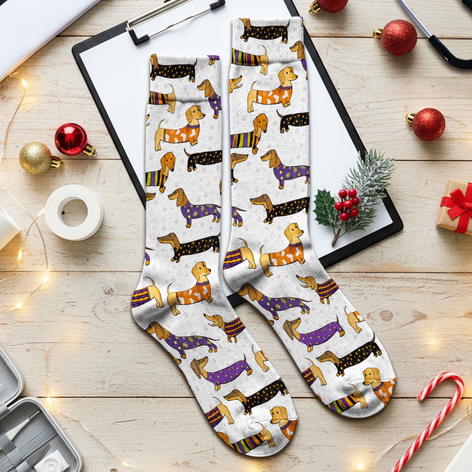 Dachshund with Dog Lover Paw Print Socks, Adult Socks for Men and Women