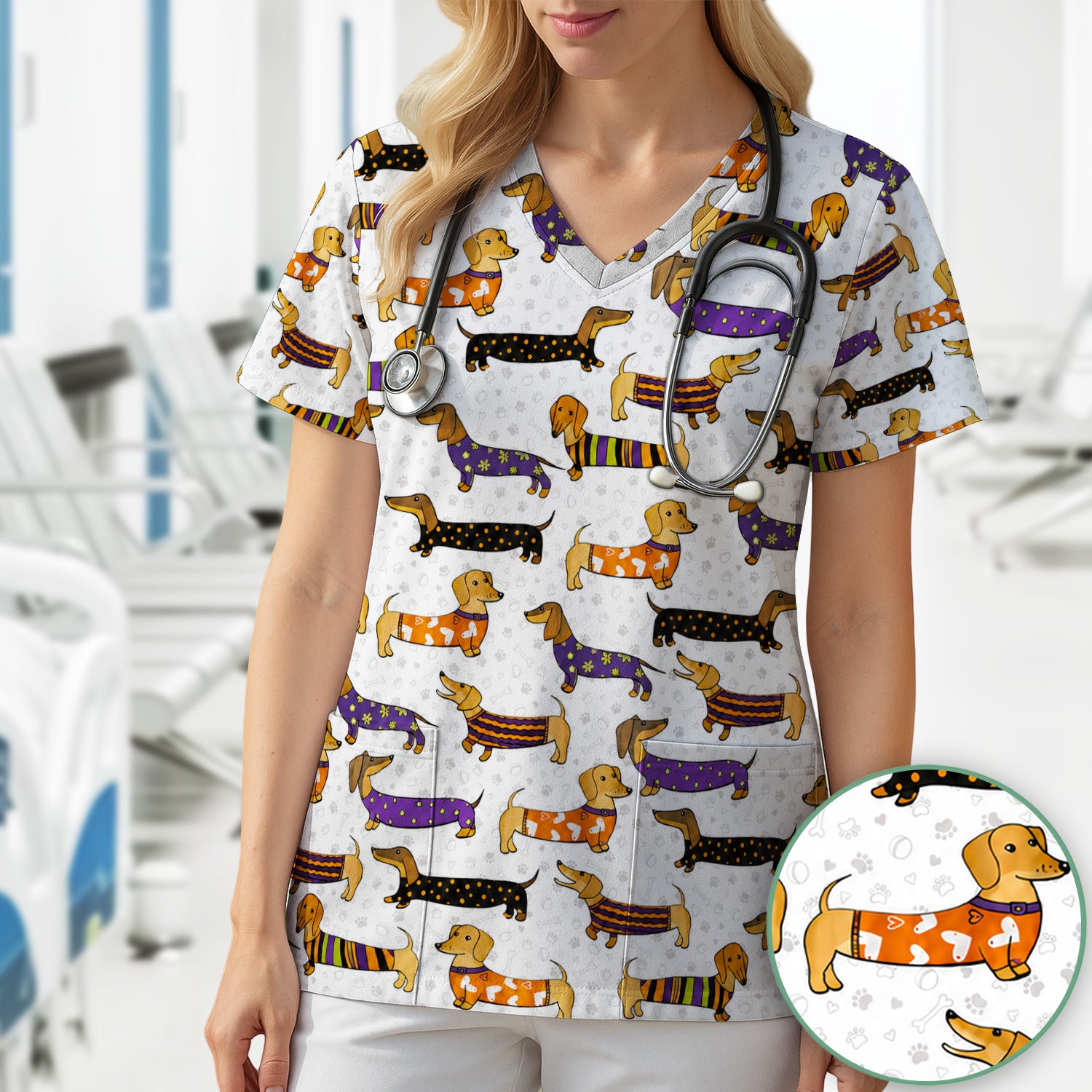 Dachshund with Dog Lover Paw Print Scrub Top, Comfortable Scrubs for Nurses