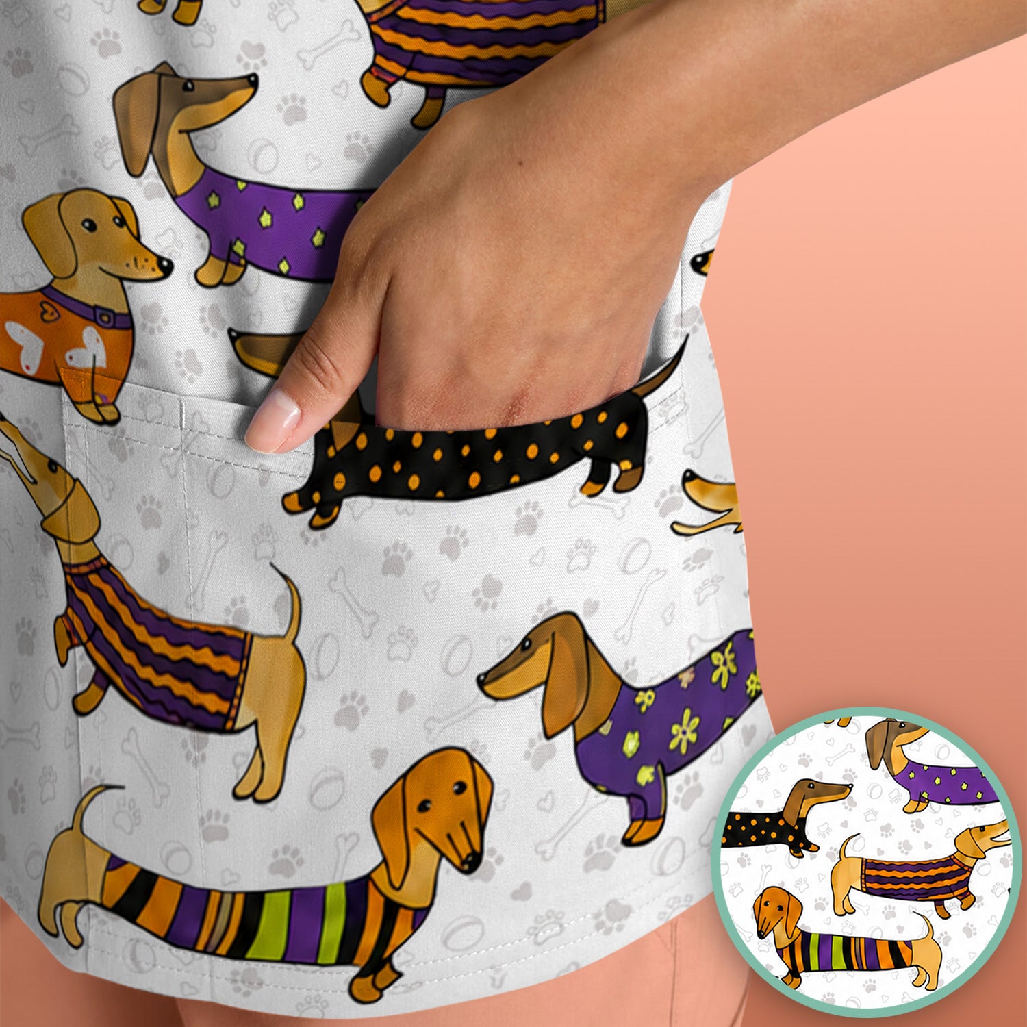 Dachshund with Dog Lover Paw Print Scrub Top, Comfortable Scrubs for Nurses