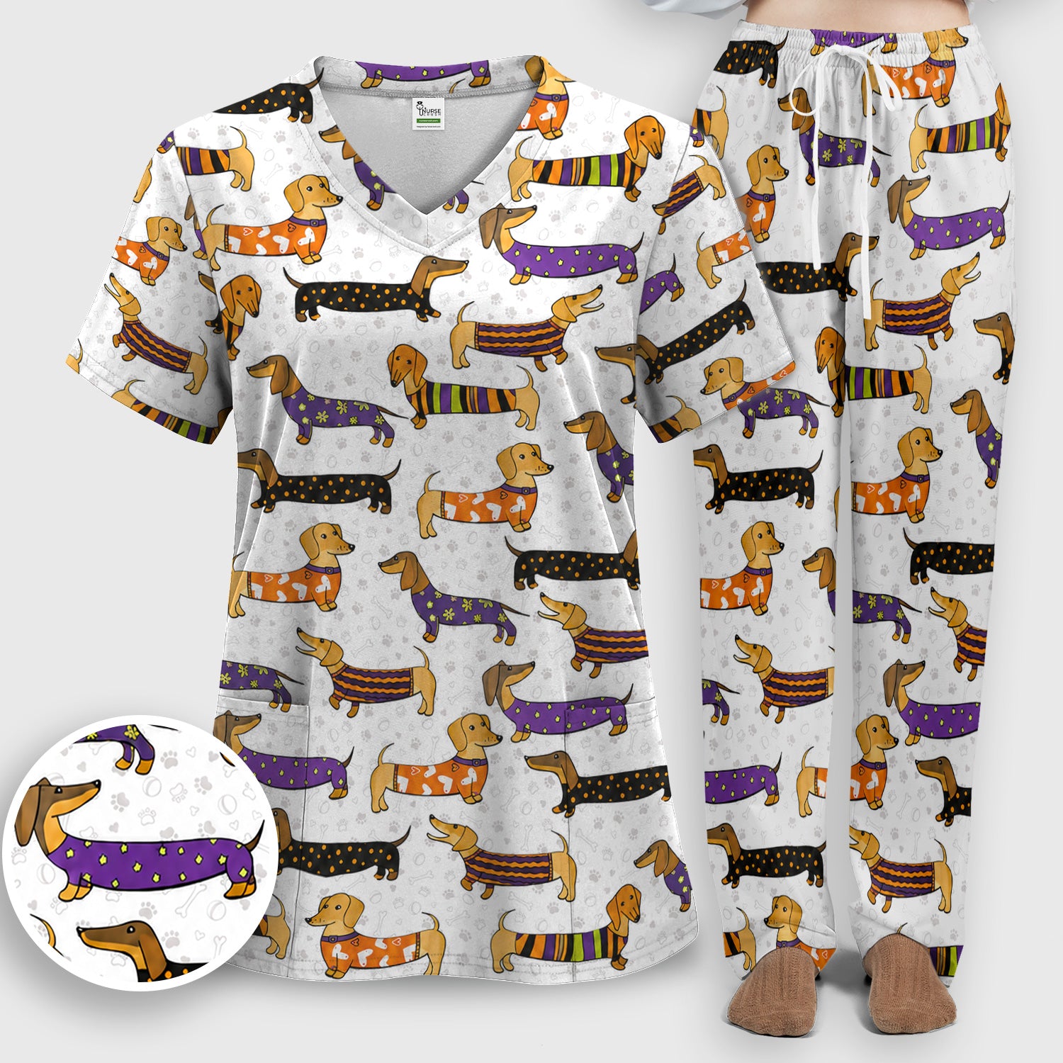 Dachshund with Dog Lover Paw Print Scrub Set, Scrub Pants and V Neck Top