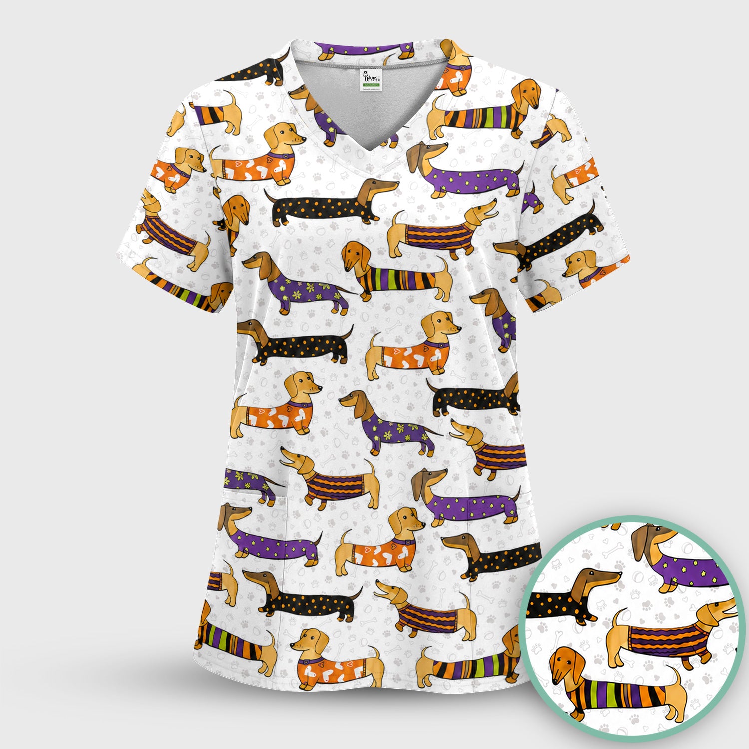 Dachshund with Dog Lover Paw Print Scrub Set, Scrub Pants and V Neck Top