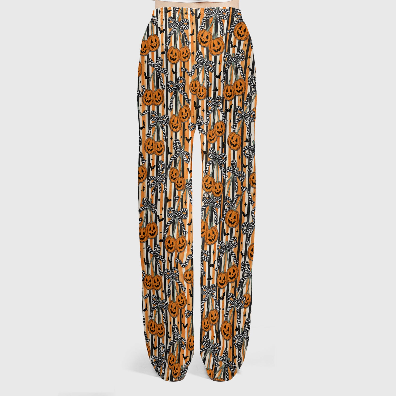Halloween Bow Stripe Print Scrub Set, Scrub Pants and V Neck Top