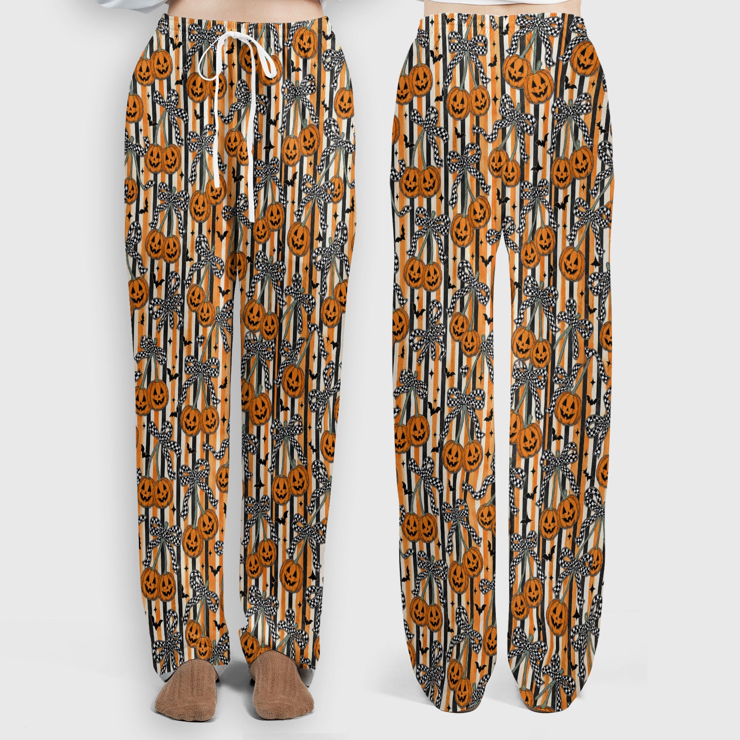 Halloween Bow Stripe Print Scrub Set, Scrub Pants and V Neck Top