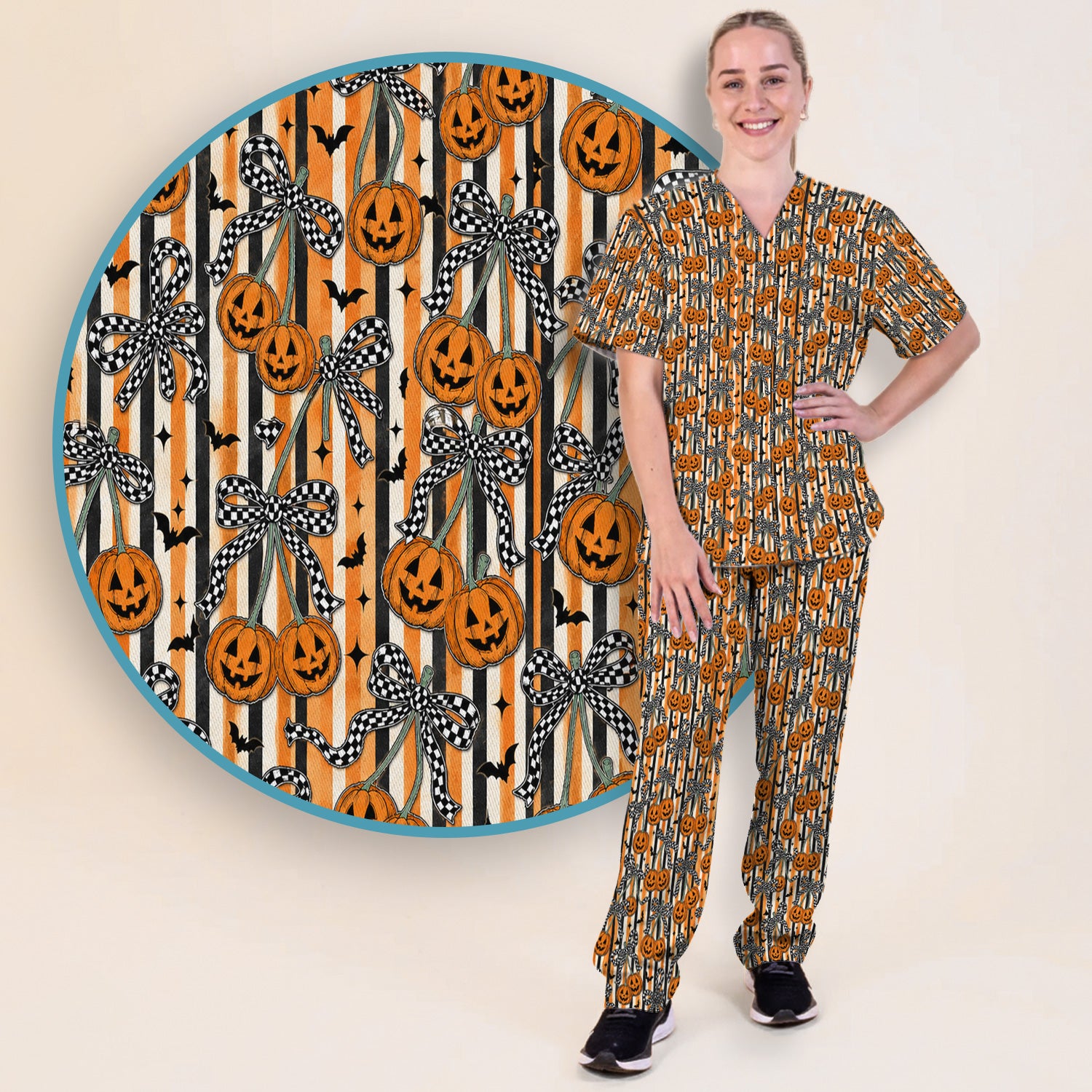 Halloween Bow Stripe Print Scrub Set, Scrub Pants and V Neck Top