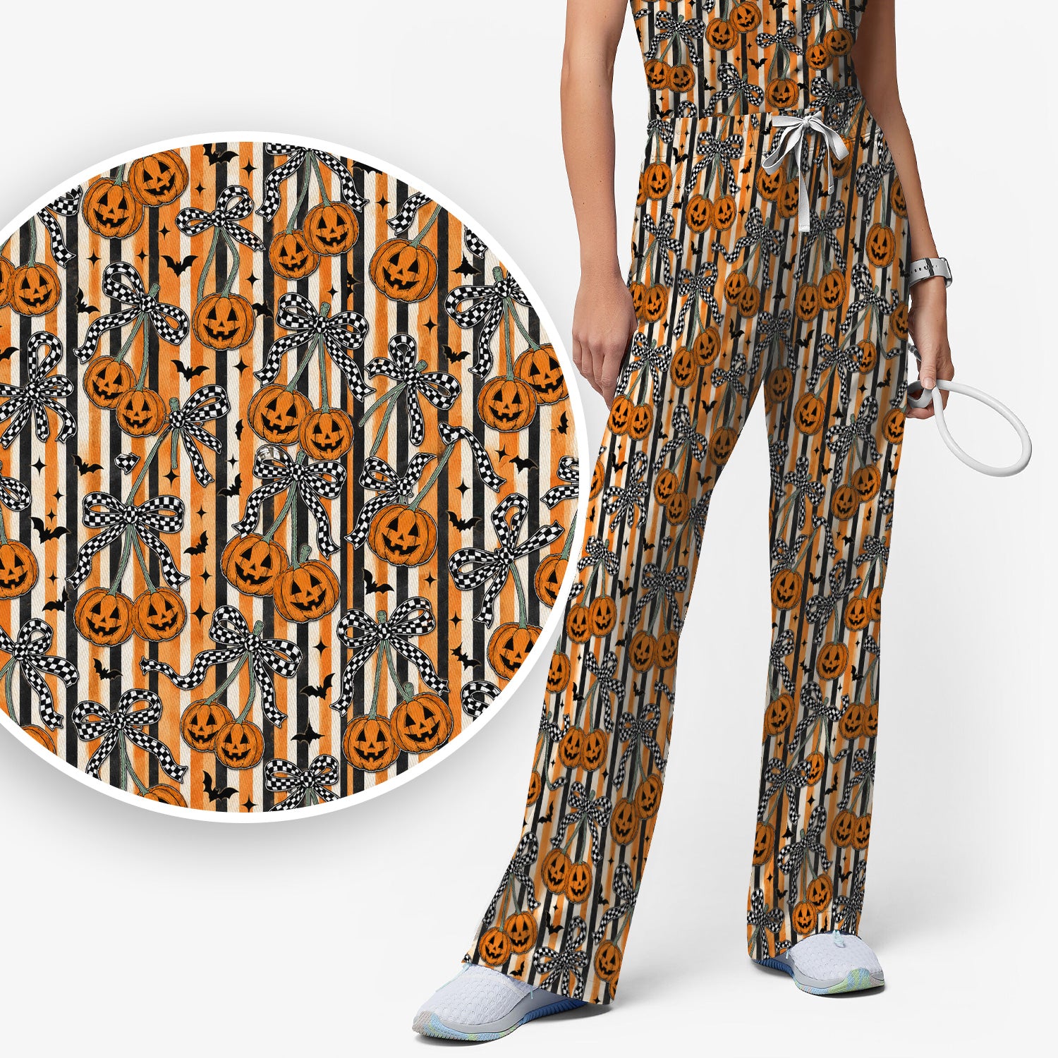 Halloween Bow Stripe Print Scrub Set, Scrub Pants and V Neck Top