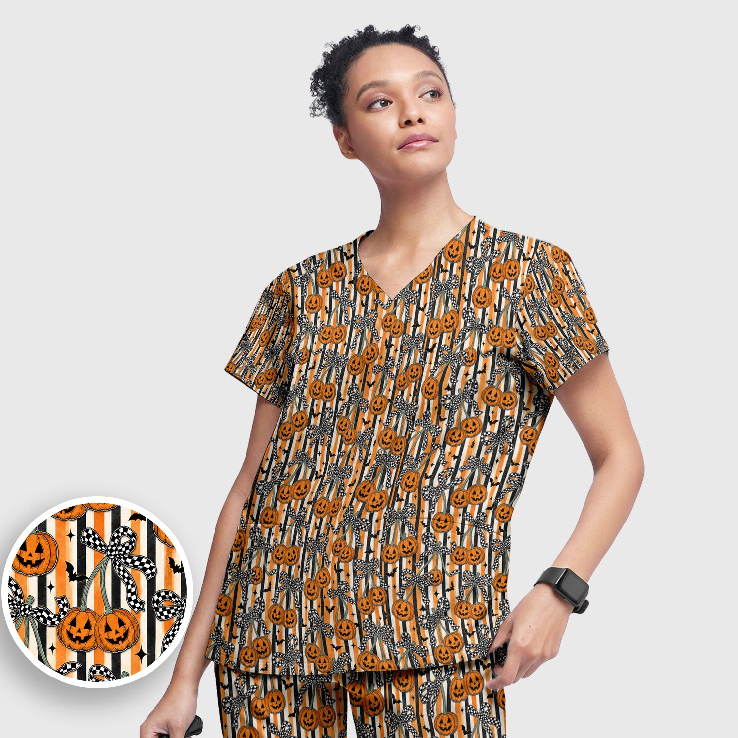 Halloween Bow Stripe Print Scrub Set, Scrub Pants and V Neck Top