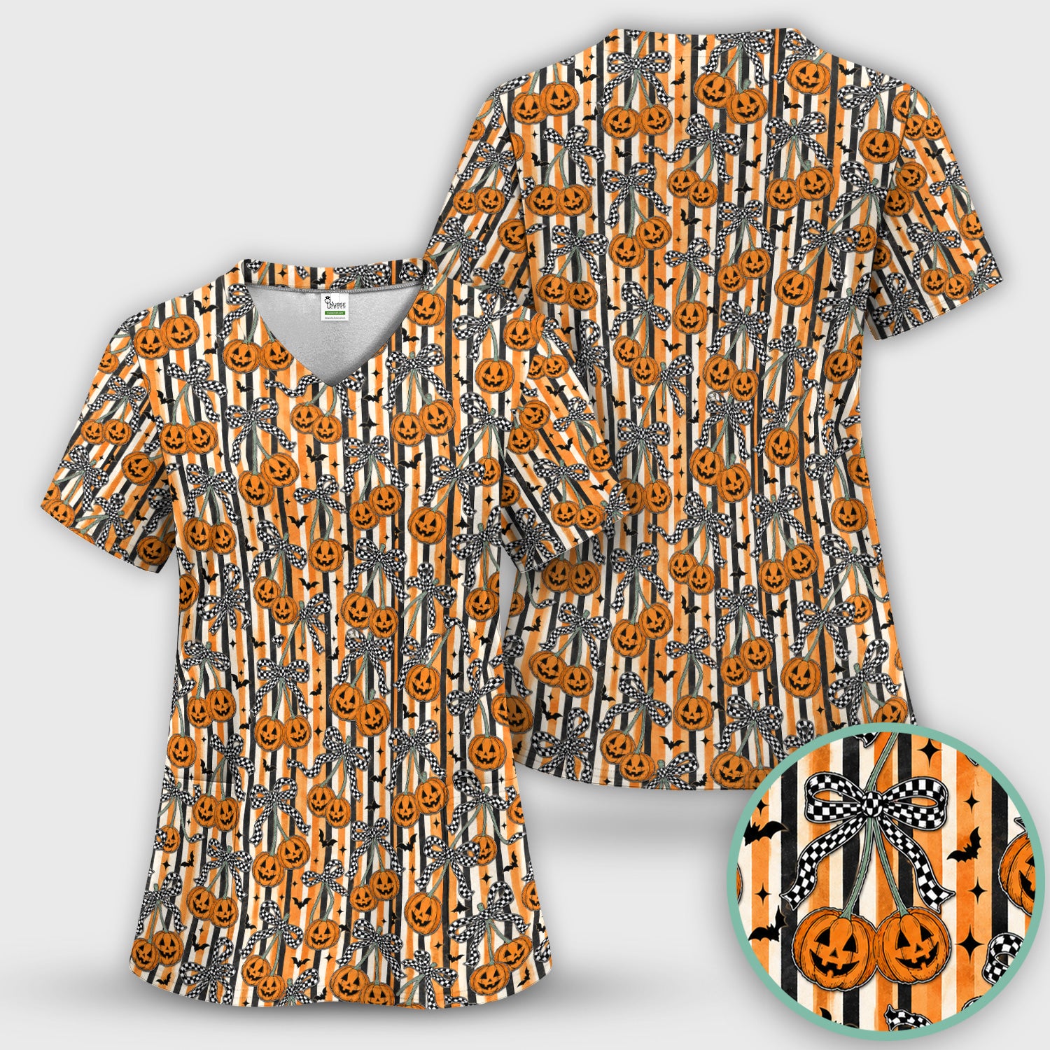 Halloween Bow Stripe Print Scrub Set, Scrub Pants and V Neck Top