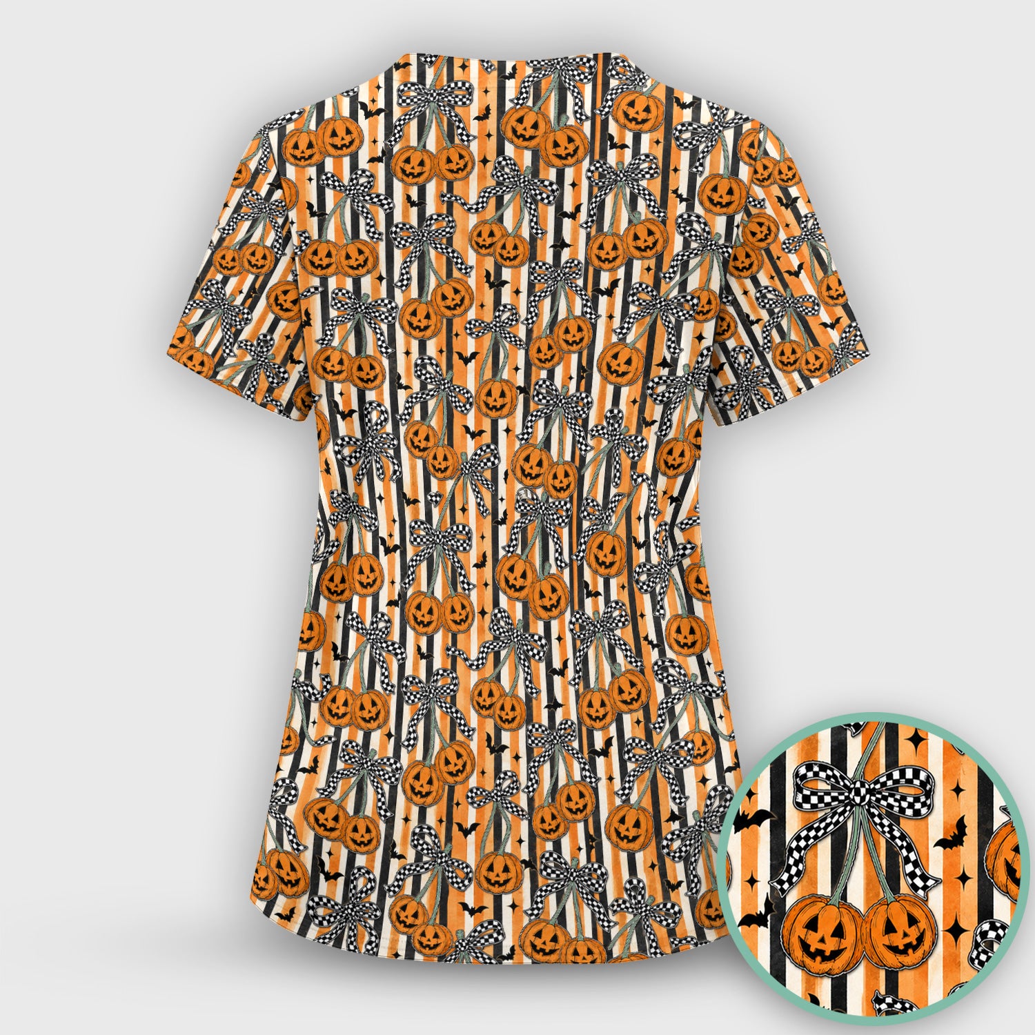 Halloween Bow Stripe Print Scrub Set, Scrub Pants and V Neck Top