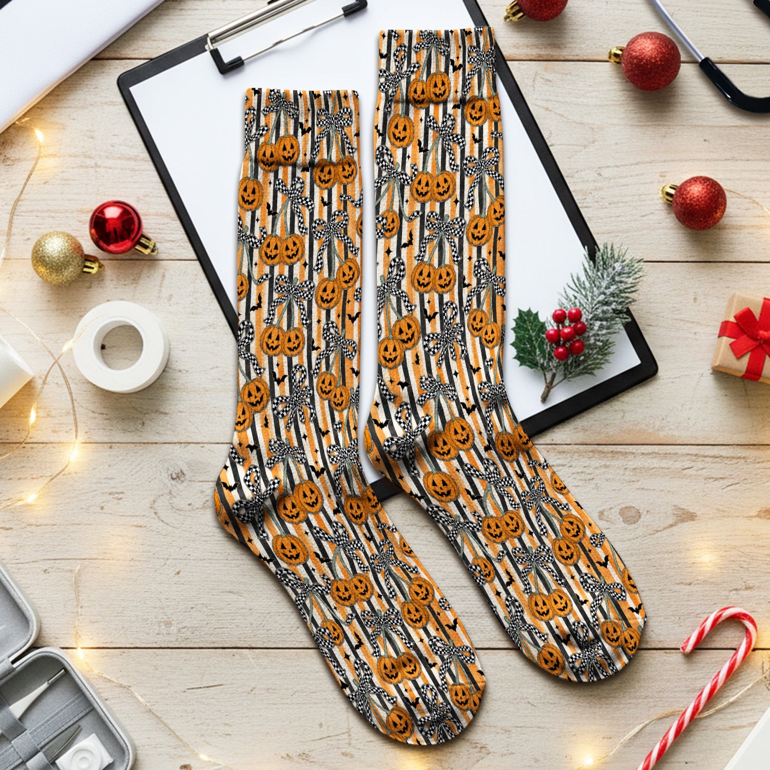 Halloween Bow Stripe Print Socks, Adult Socks for Men and Women