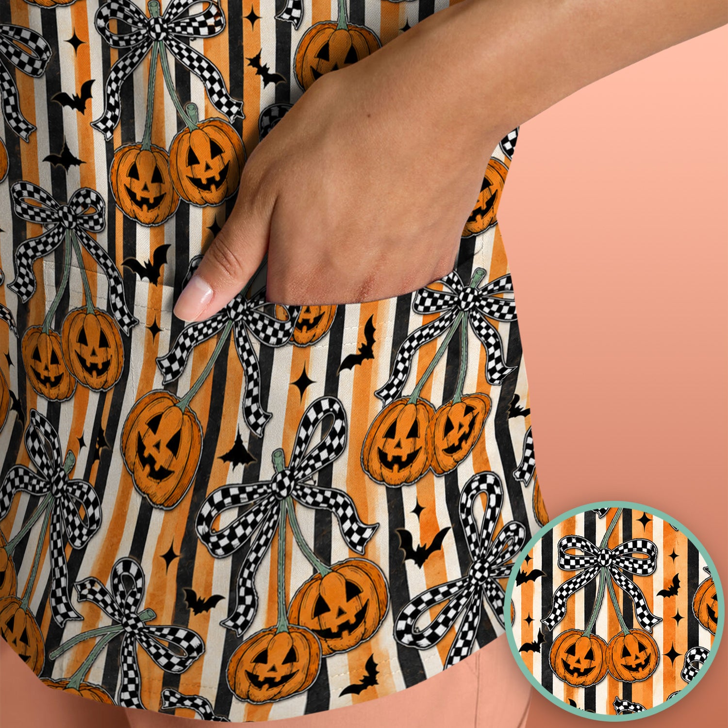 Halloween Bow Stripe Print Scrub Top, Comfortable Scrubs for Nurses