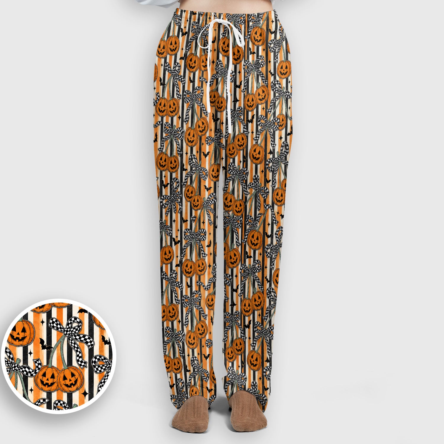 Halloween Bow Stripe Print Scrub Set, Scrub Pants and V Neck Top