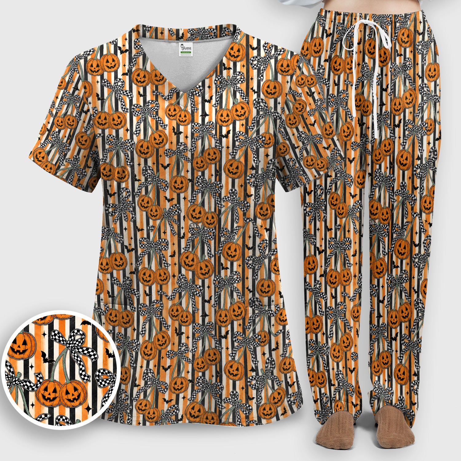 Halloween Bow Stripe Print Scrub Set, Scrub Pants and V Neck Top