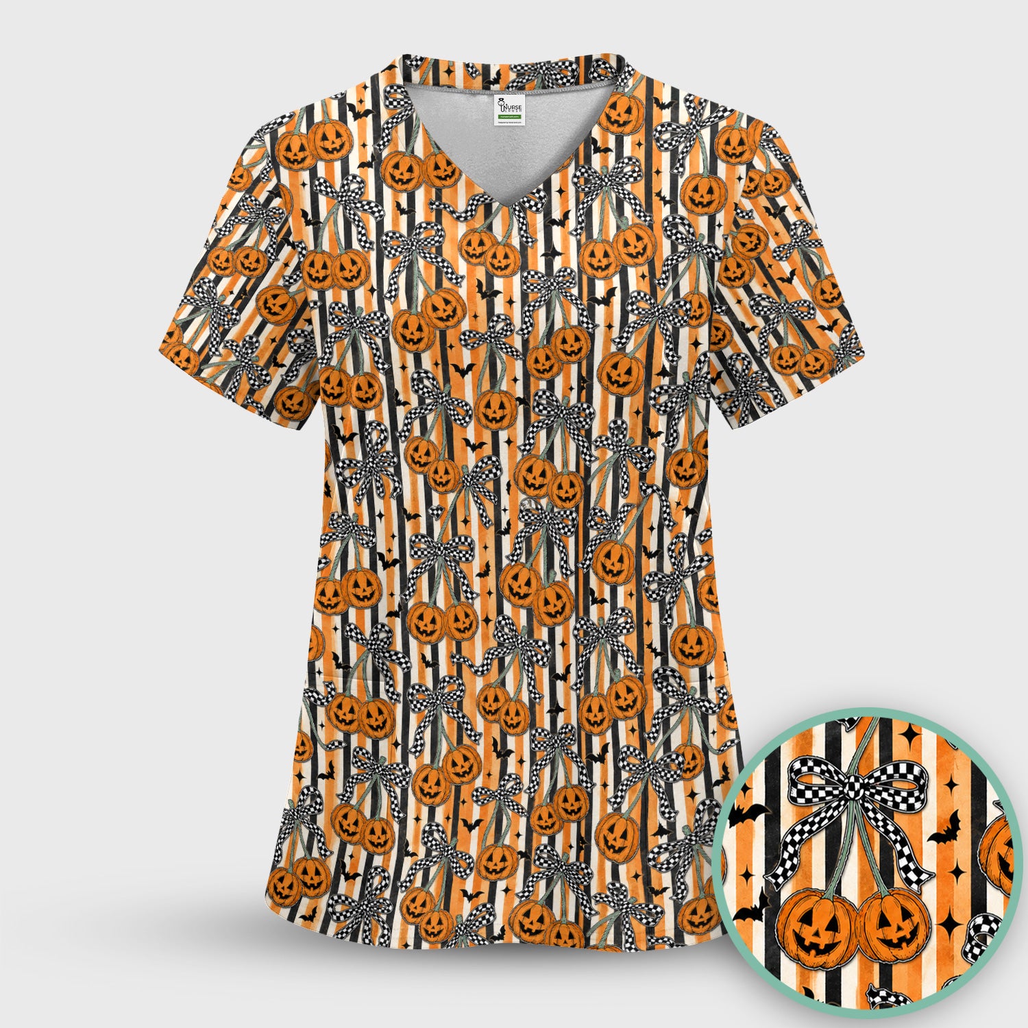 Halloween Bow Stripe Print Scrub Set, Scrub Pants and V Neck Top