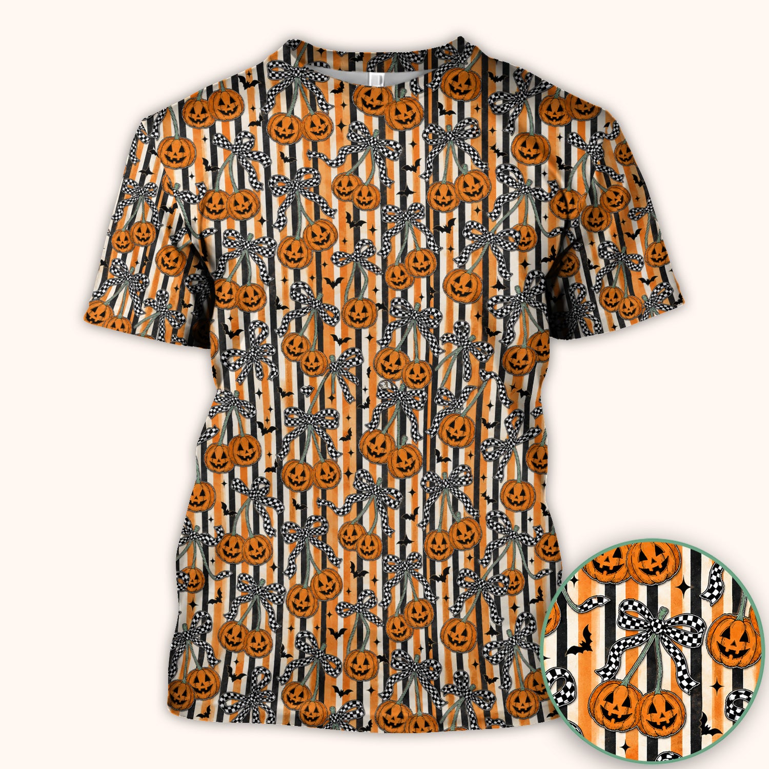 Halloween Bow Stripe Print Scrub Top, Comfortable Scrubs for Nurses