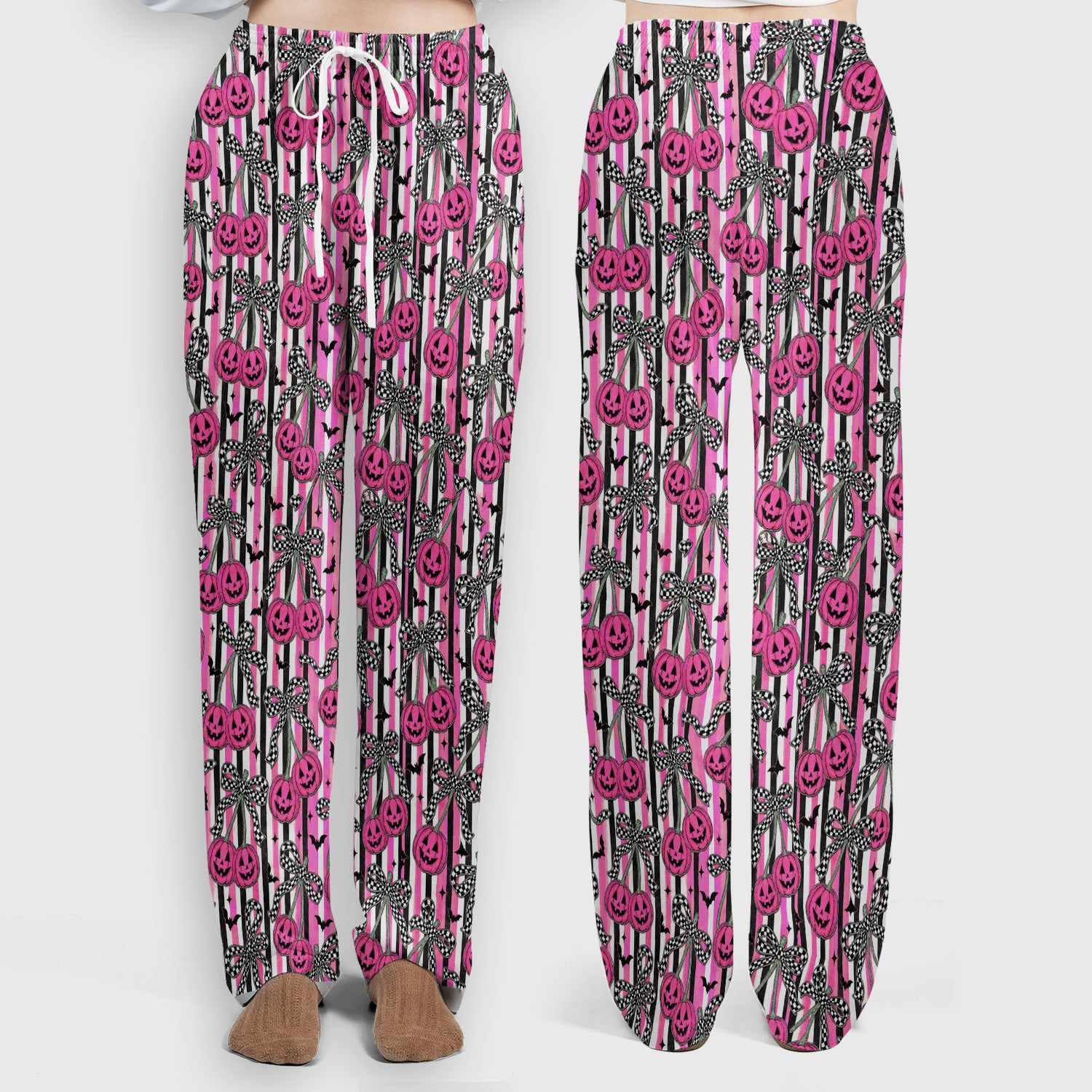Halloween Bow Stripe Print Scrub Set, Scrub Pants and V Neck Top