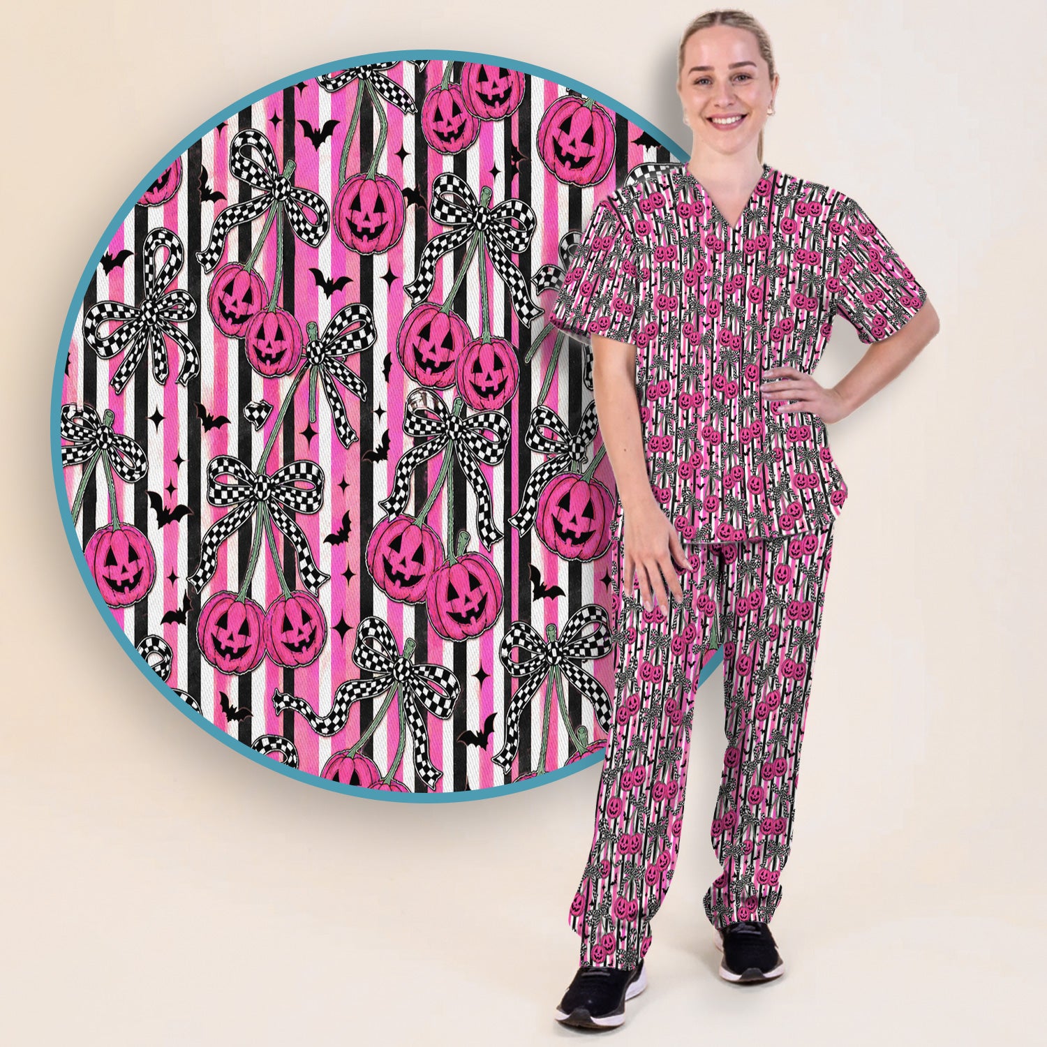 Halloween Bow Stripe Print Scrub Set, Scrub Pants and V Neck Top