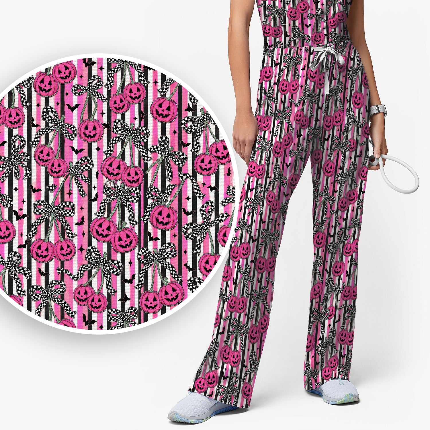 Halloween Bow Stripe Print Scrub Set, Scrub Pants and V Neck Top