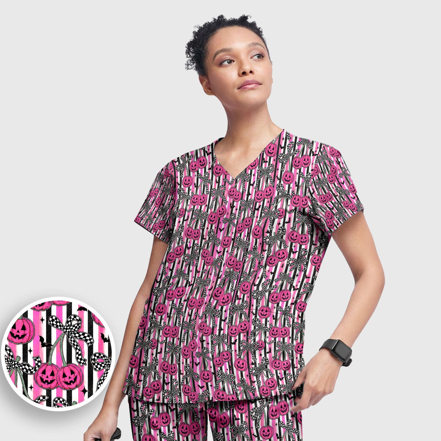 Halloween Bow Stripe Print Scrub Set, Scrub Pants and V Neck Top