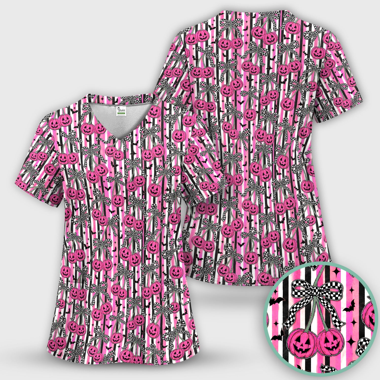 Halloween Bow Stripe Print Scrub Set, Scrub Pants and V Neck Top