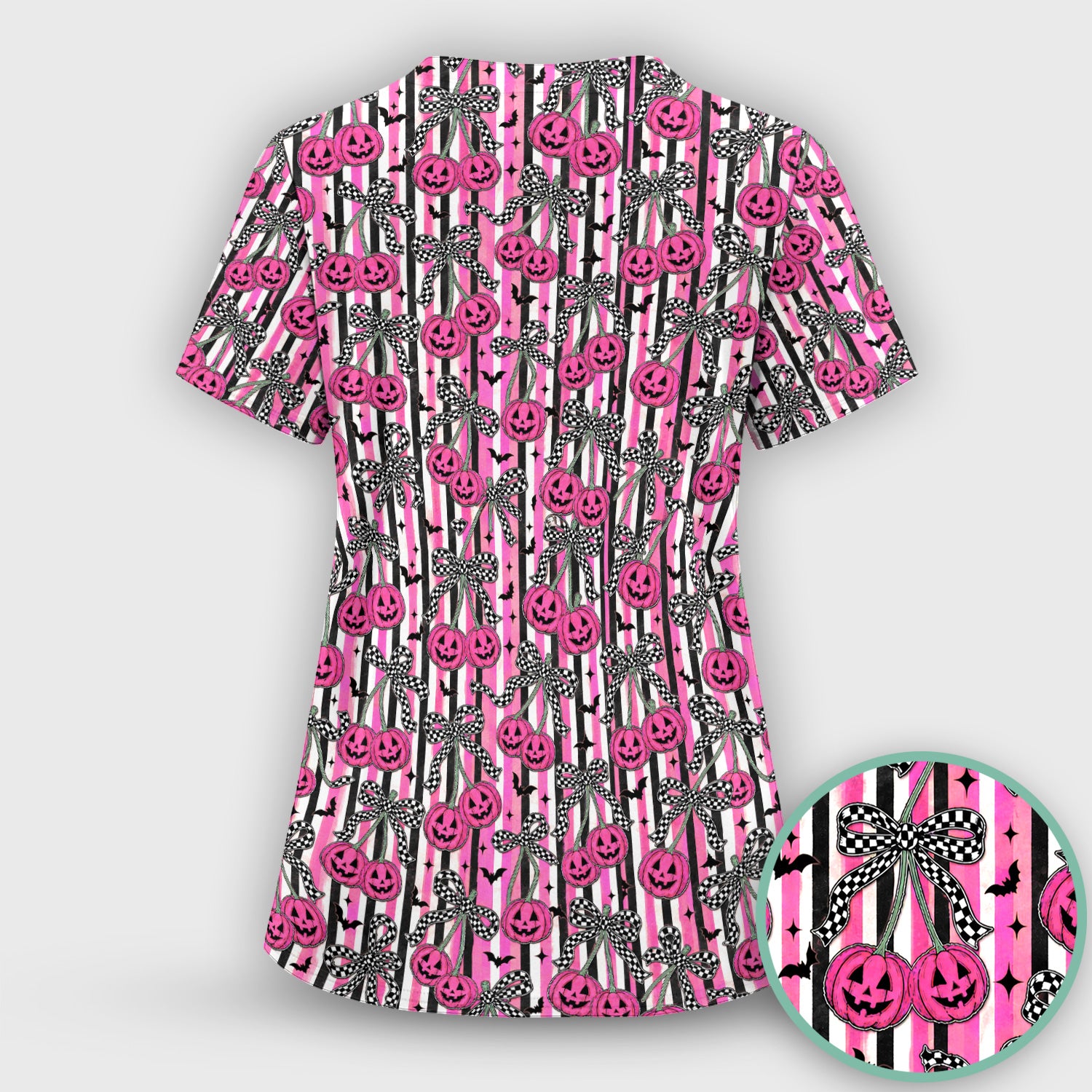 Halloween Bow Stripe Print Scrub Set, Scrub Pants and V Neck Top