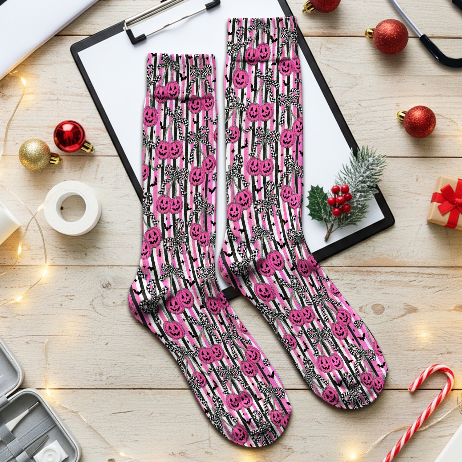 Halloween Bow Stripe Print Socks, Adult Socks for Men and Women