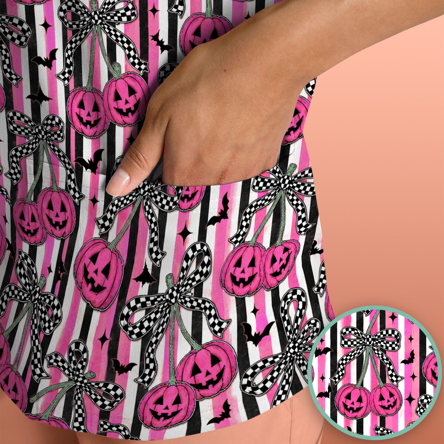 Halloween Bow Stripe Print Scrub Top, Comfortable Scrubs for Nurses