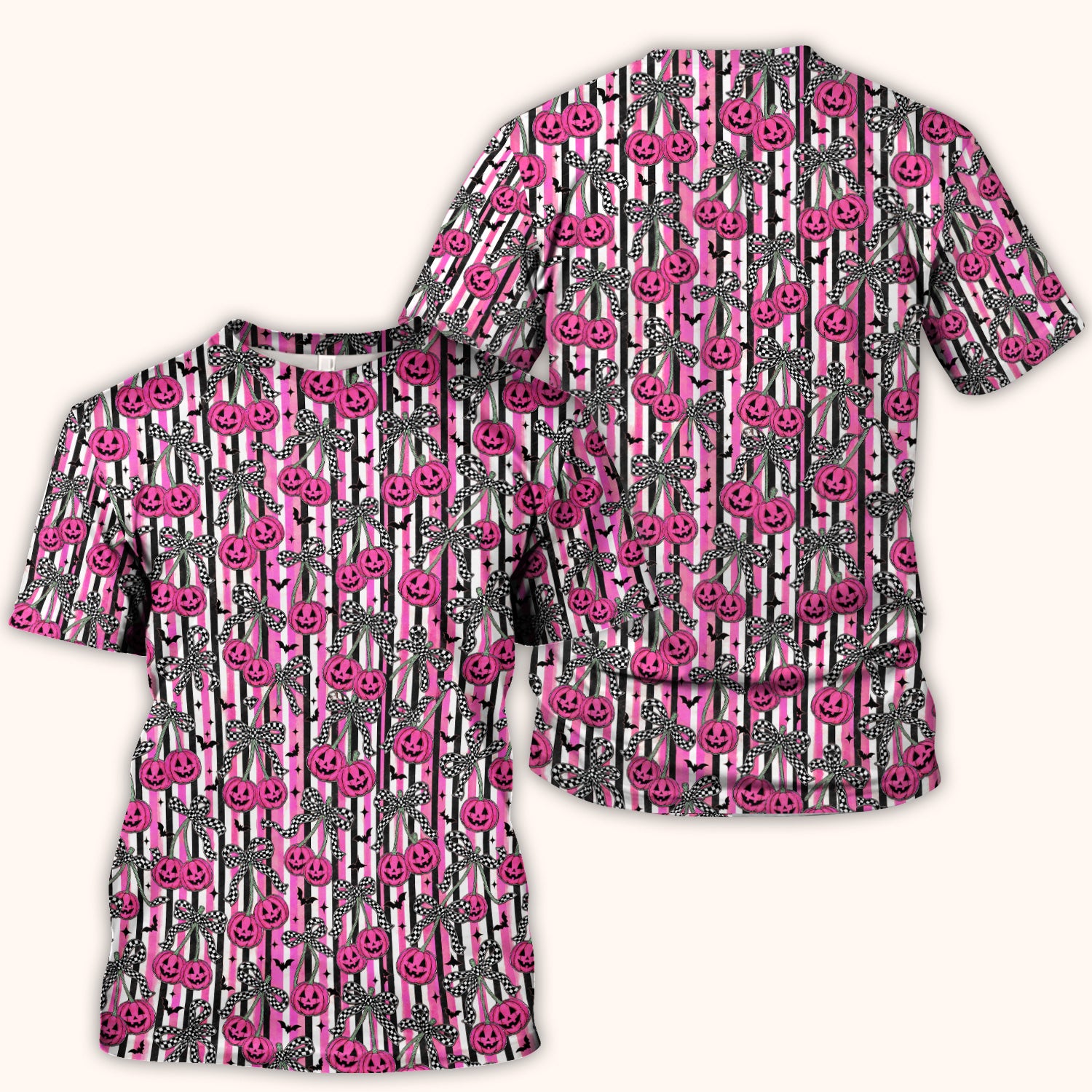 Halloween Bow Stripe Print Scrub Top, Comfortable Scrubs for Nurses