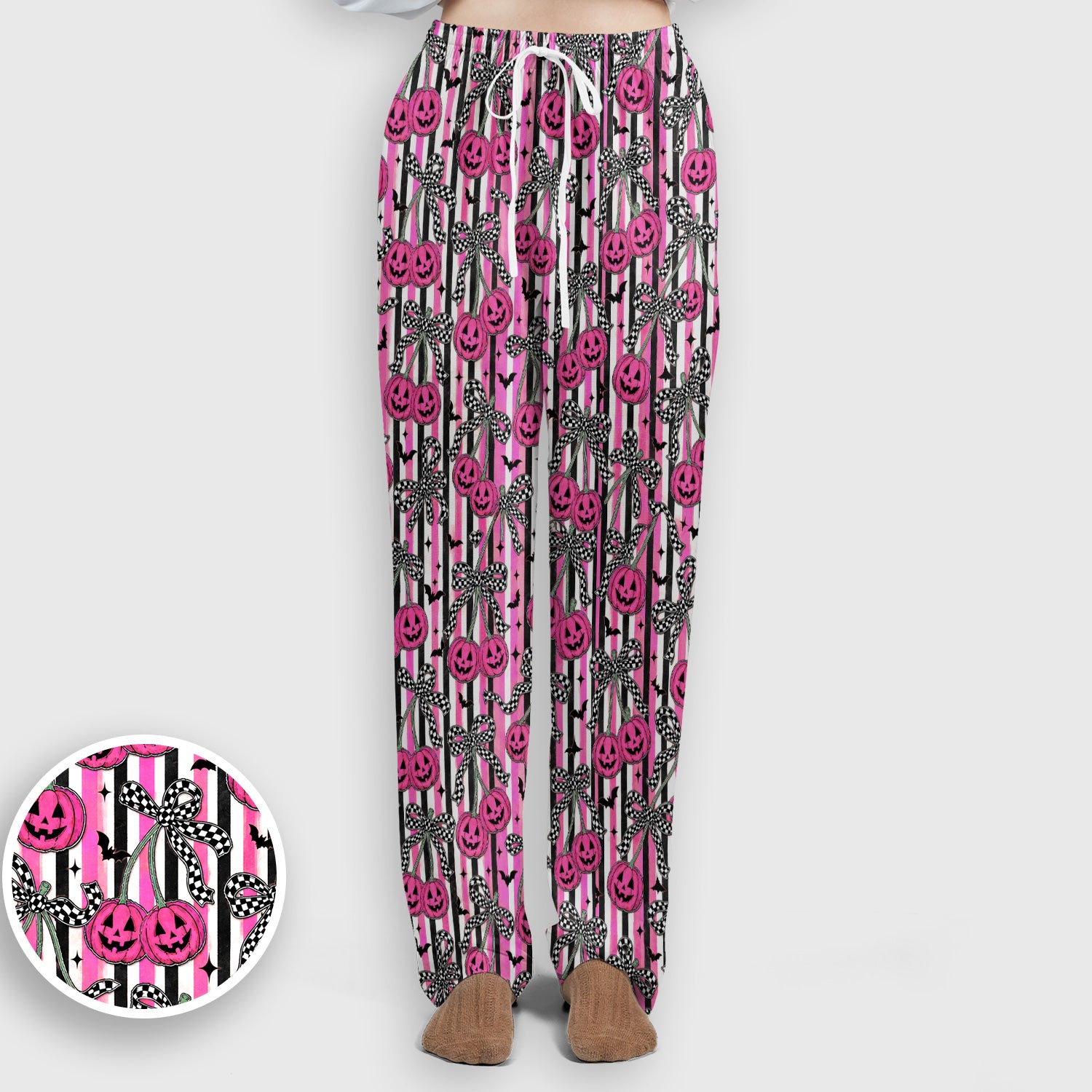 Halloween Bow Stripe Print Scrub Set, Scrub Pants and V Neck Top