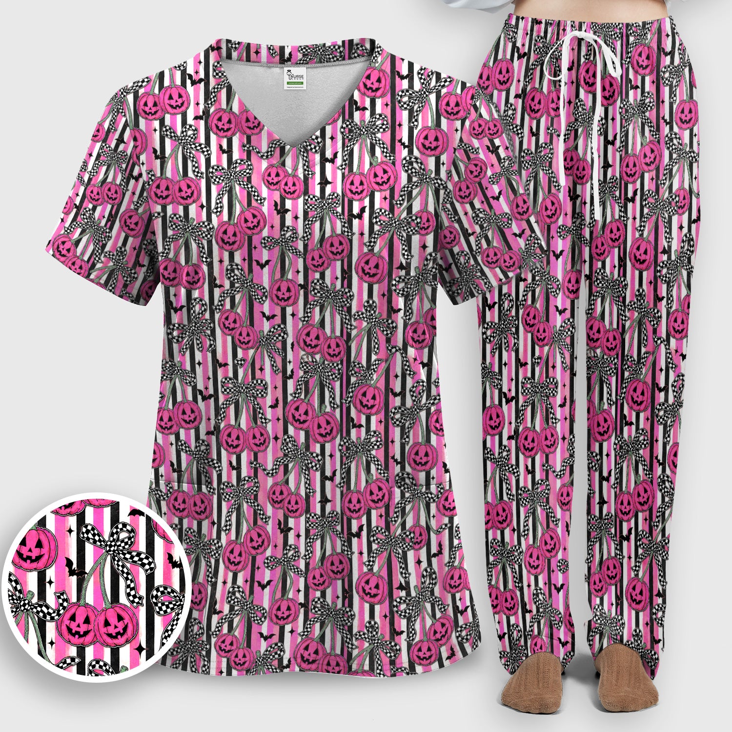 Halloween Bow Stripe Print Scrub Set, Scrub Pants and V Neck Top