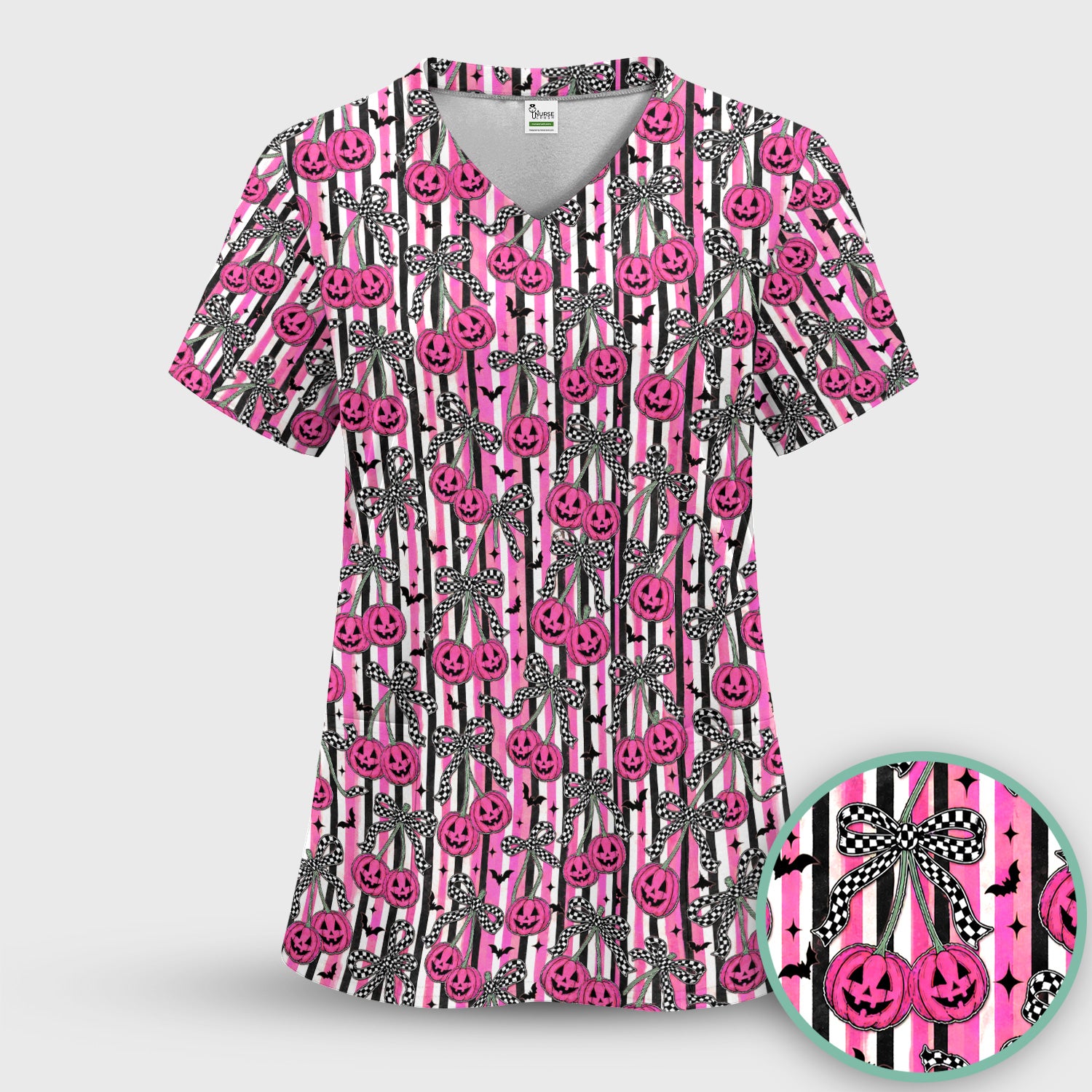 Halloween Bow Stripe Print Scrub Set, Scrub Pants and V Neck Top