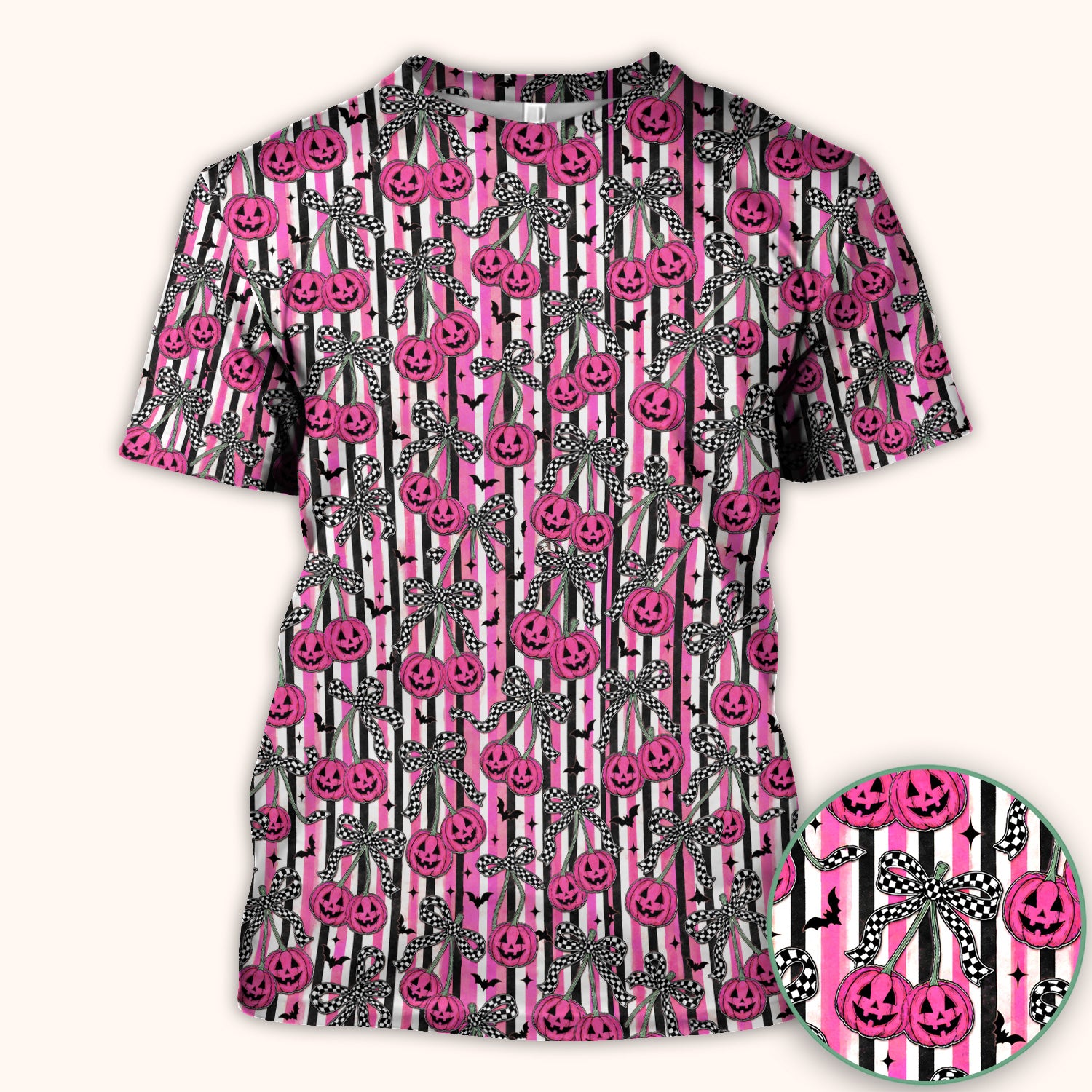 Halloween Bow Stripe Print Scrub Top, Comfortable Scrubs for Nurses