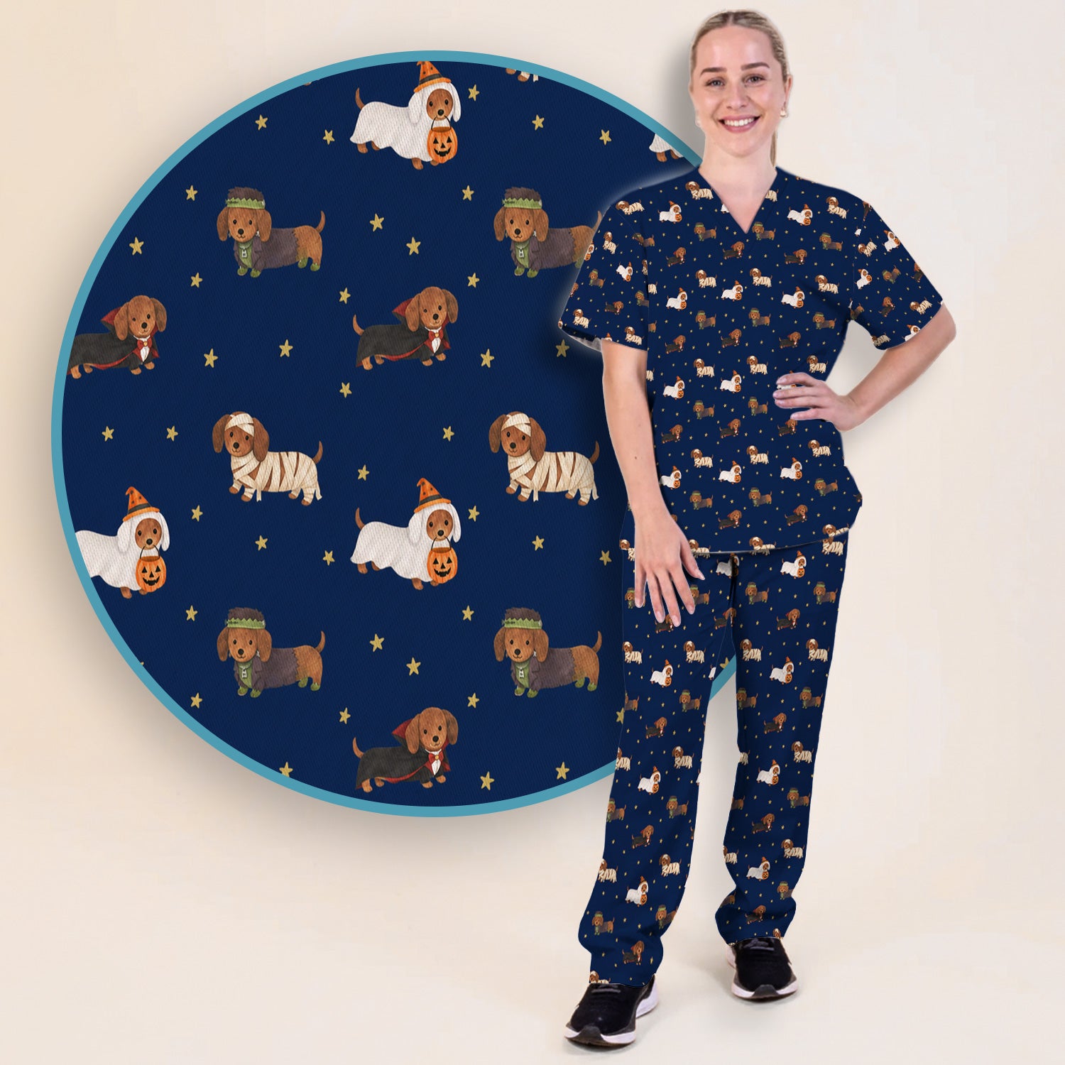 Halloween Mummy Dachshund Scrub Set, Scrub Pants and V Neck Top
