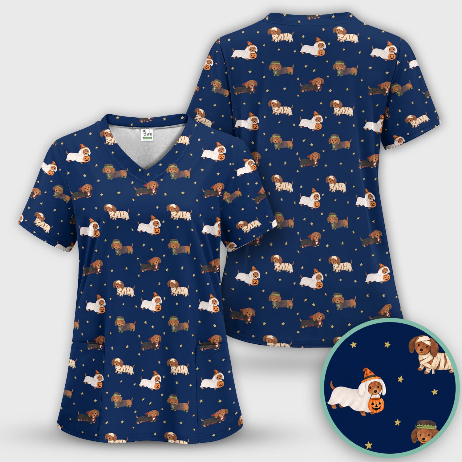 Halloween Mummy Dachshund Scrub Top, Comfortable Scrubs for Nurses