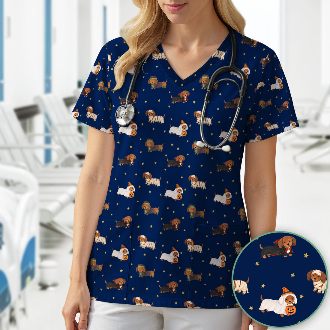Halloween Mummy Dachshund Scrub Top, Comfortable Scrubs for Nurses