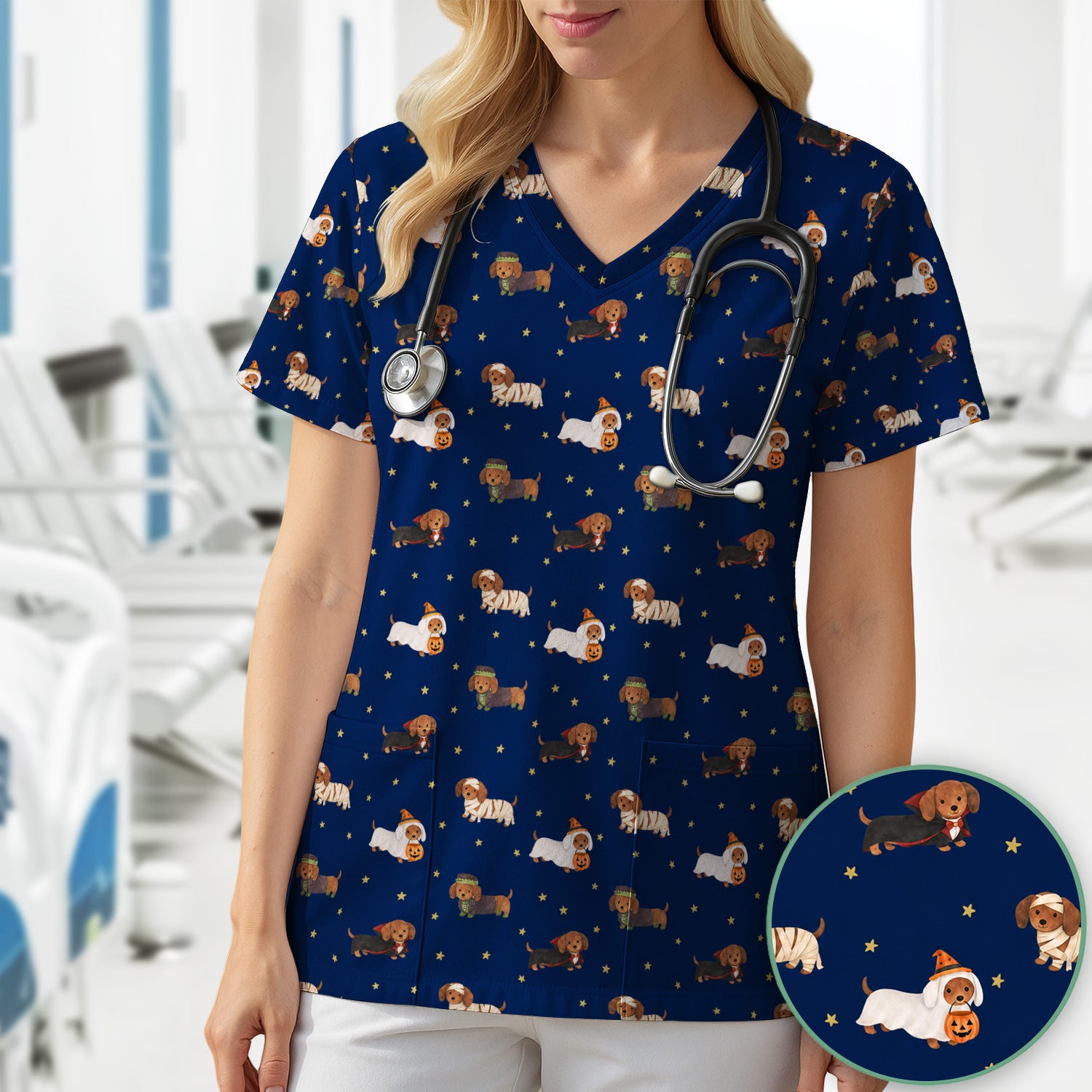 Halloween Mummy Dachshund Scrub Top, Comfortable Scrubs for Nurses