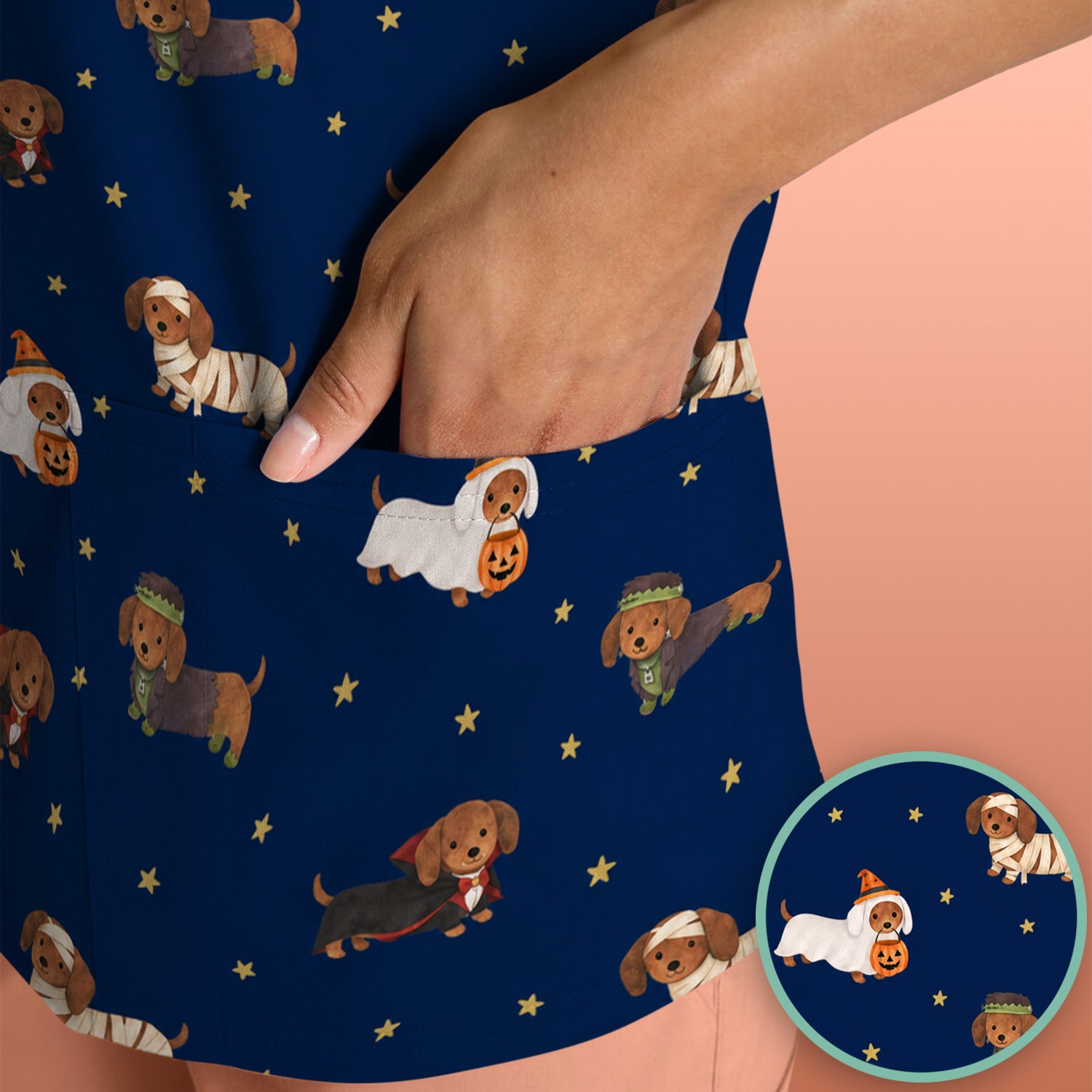 Halloween Mummy Dachshund Scrub Top, Comfortable Scrubs for Nurses