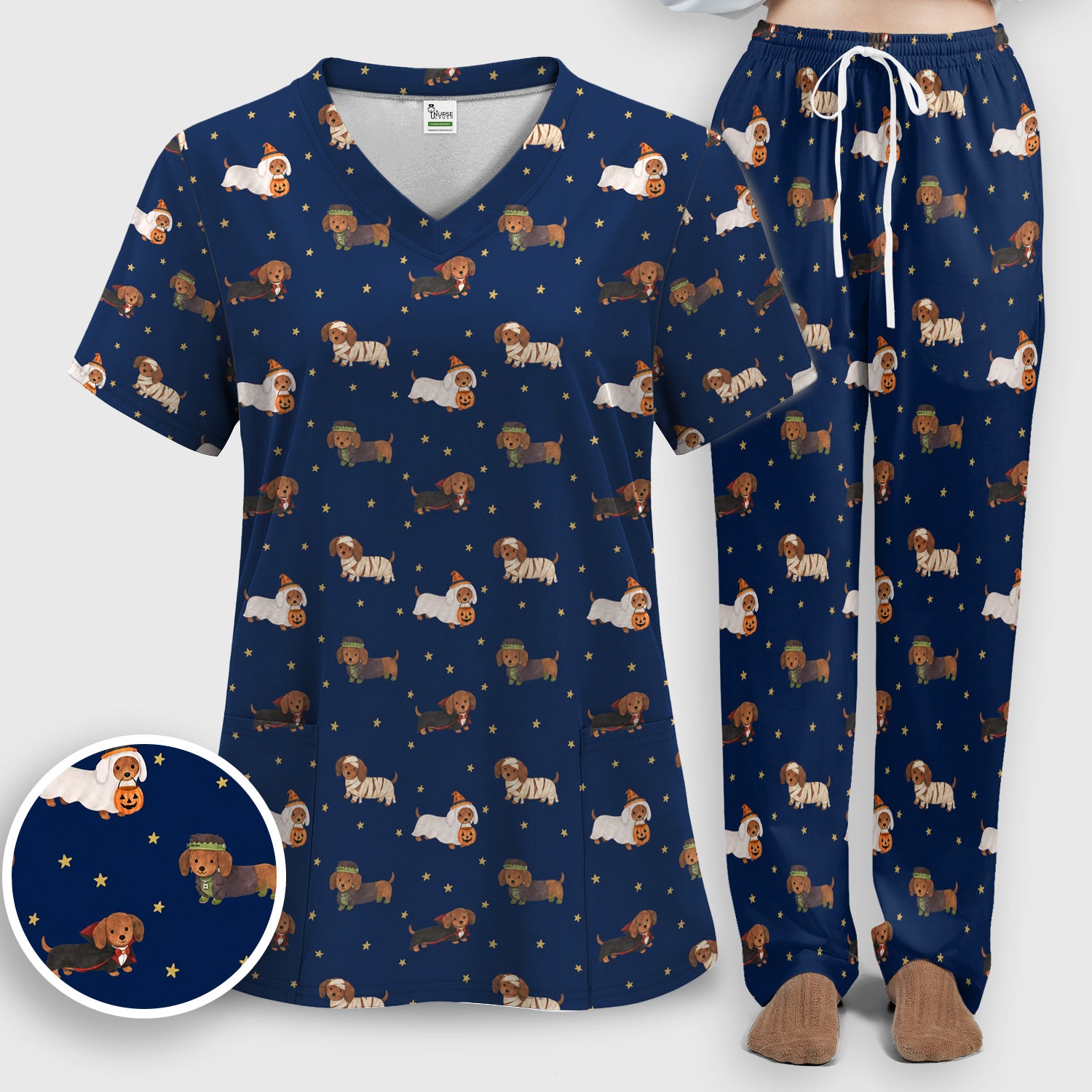 Halloween Mummy Dachshund Scrub Set, Scrub Pants and V Neck Top