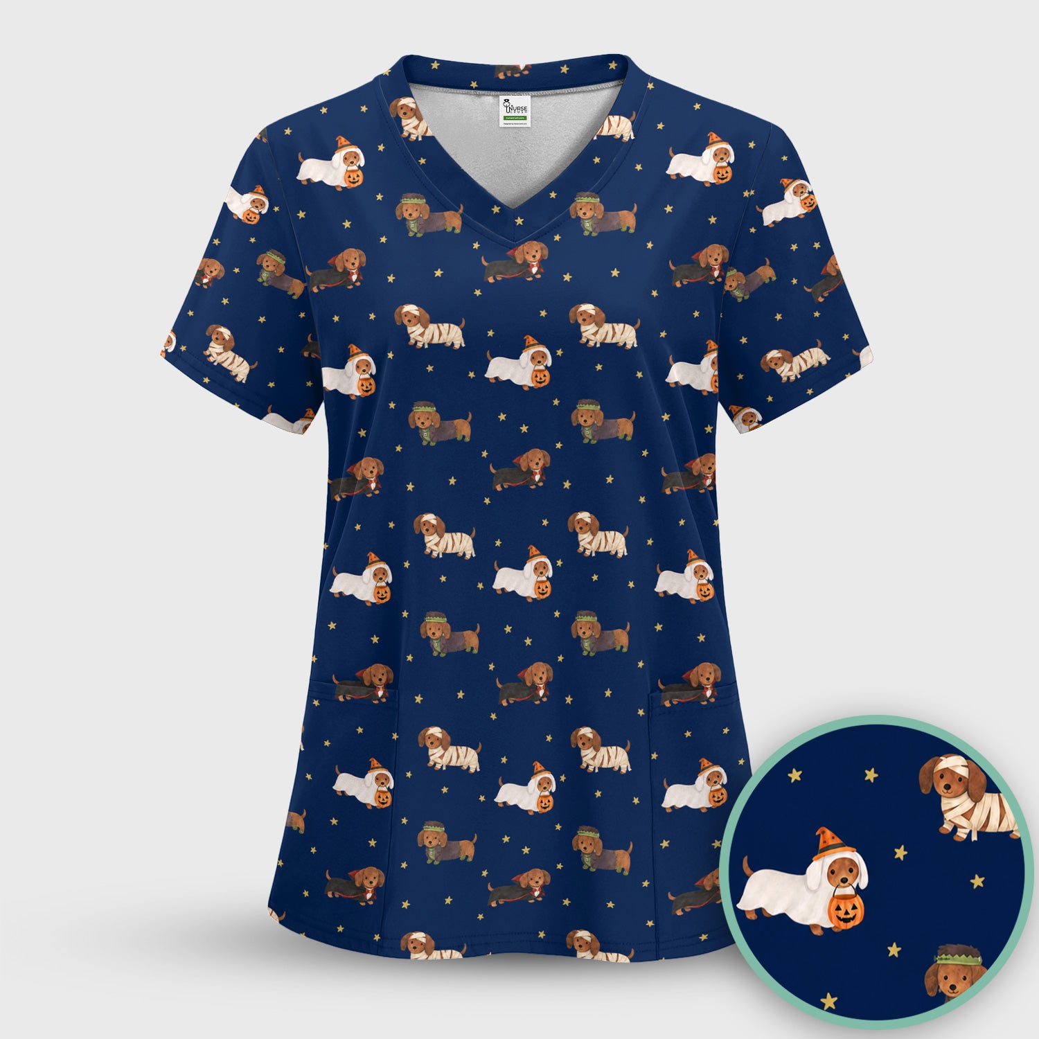 Halloween Mummy Dachshund Scrub Top, Comfortable Scrubs for Nurses