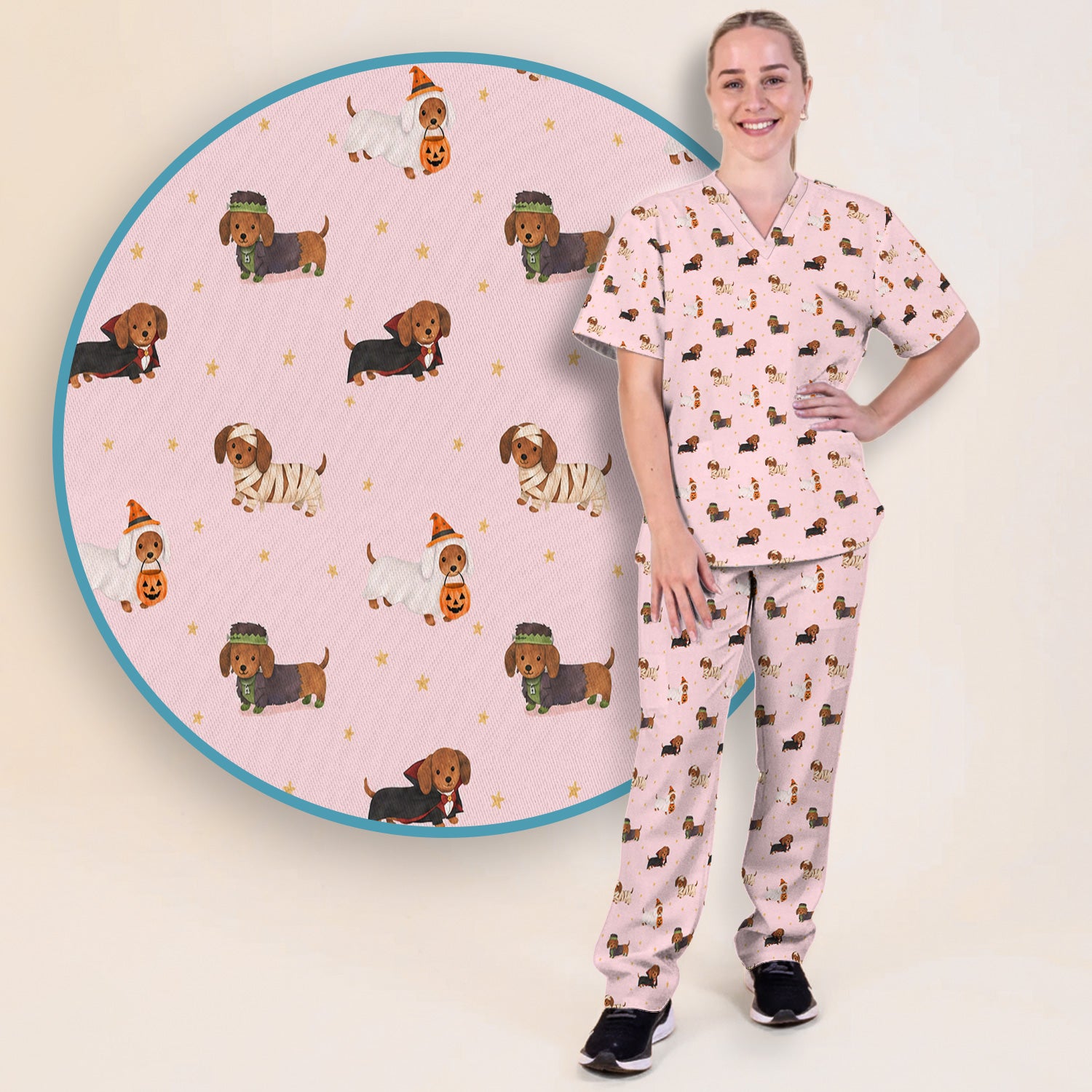Halloween Mummy Dachshund Scrub Set, Scrub Pants and V Neck Top