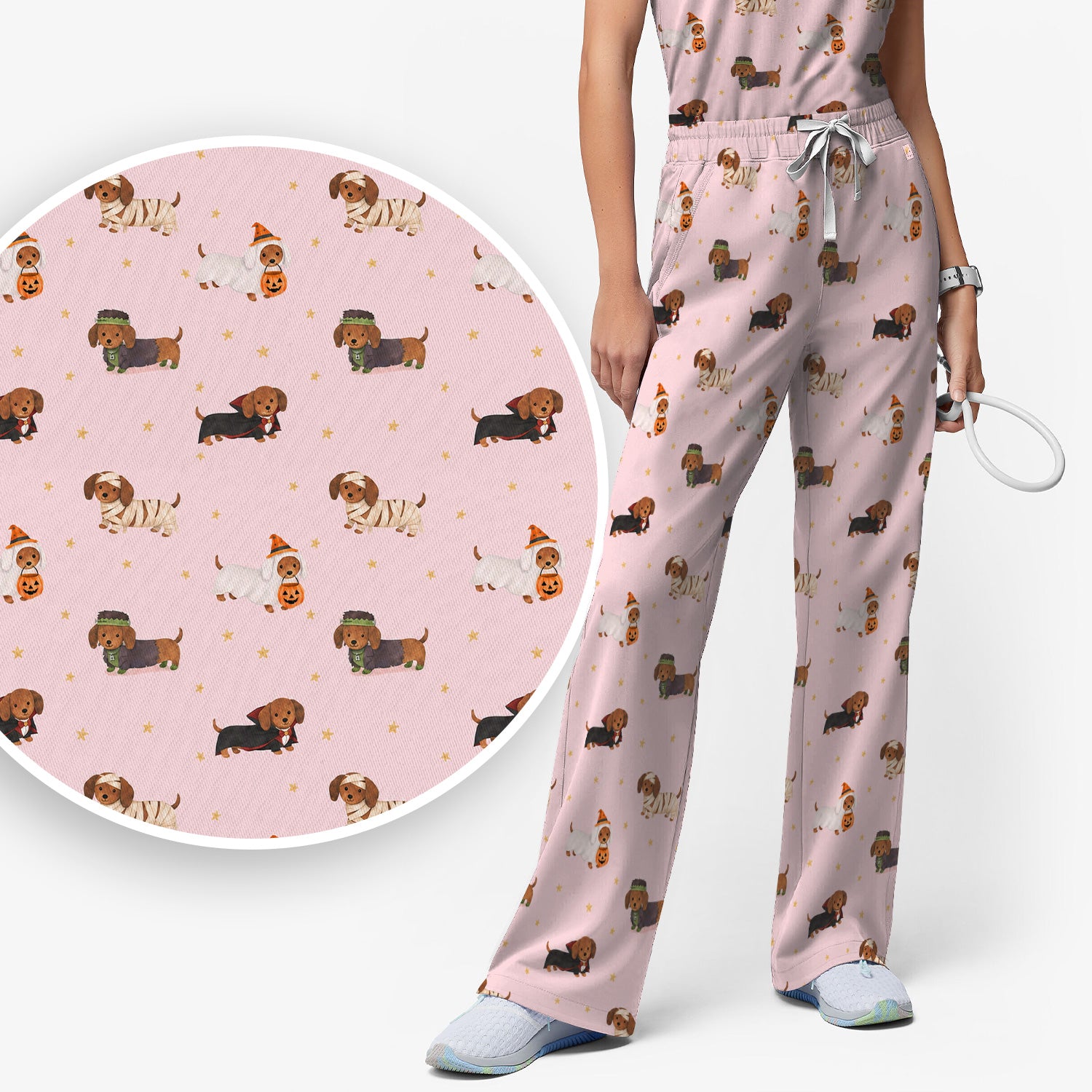 Halloween Mummy Dachshund Scrub Set, Scrub Pants and V Neck Top