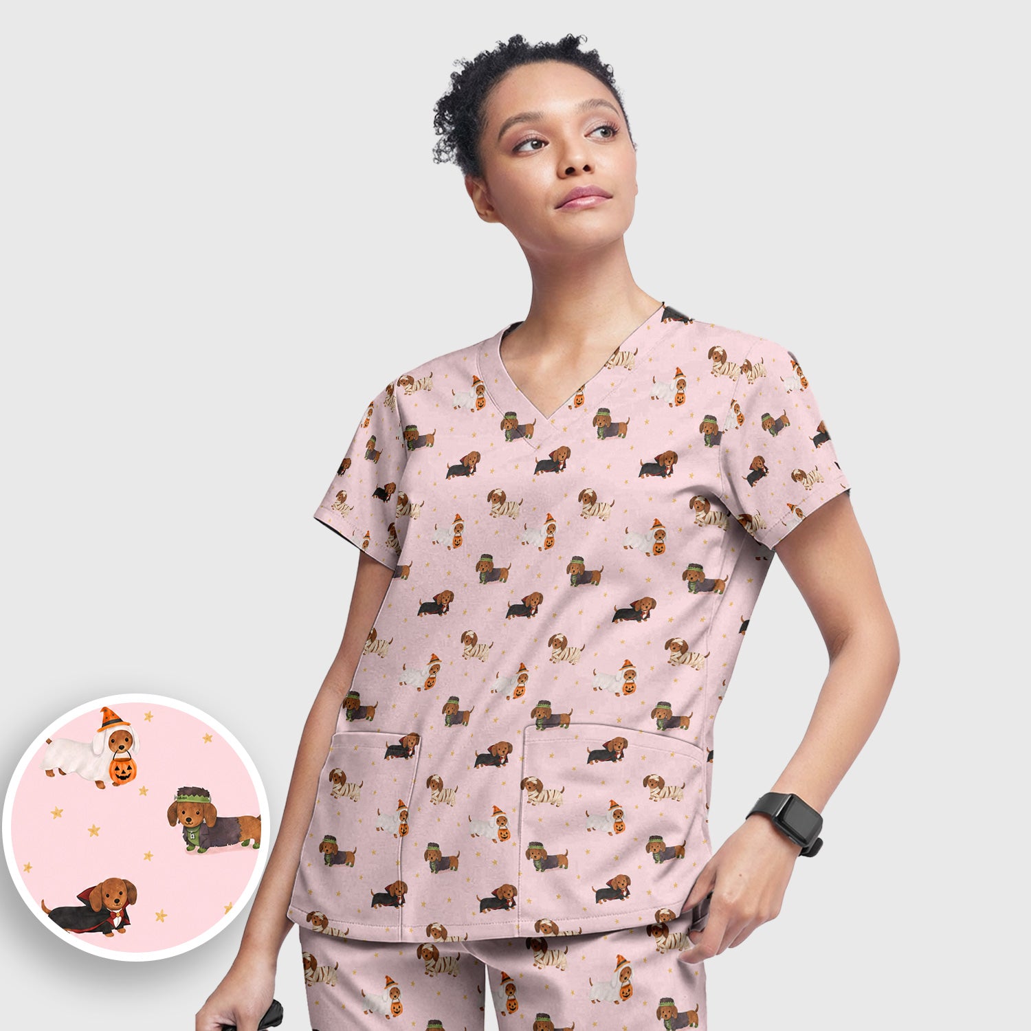 Halloween Mummy Dachshund Scrub Set, Scrub Pants and V Neck Top